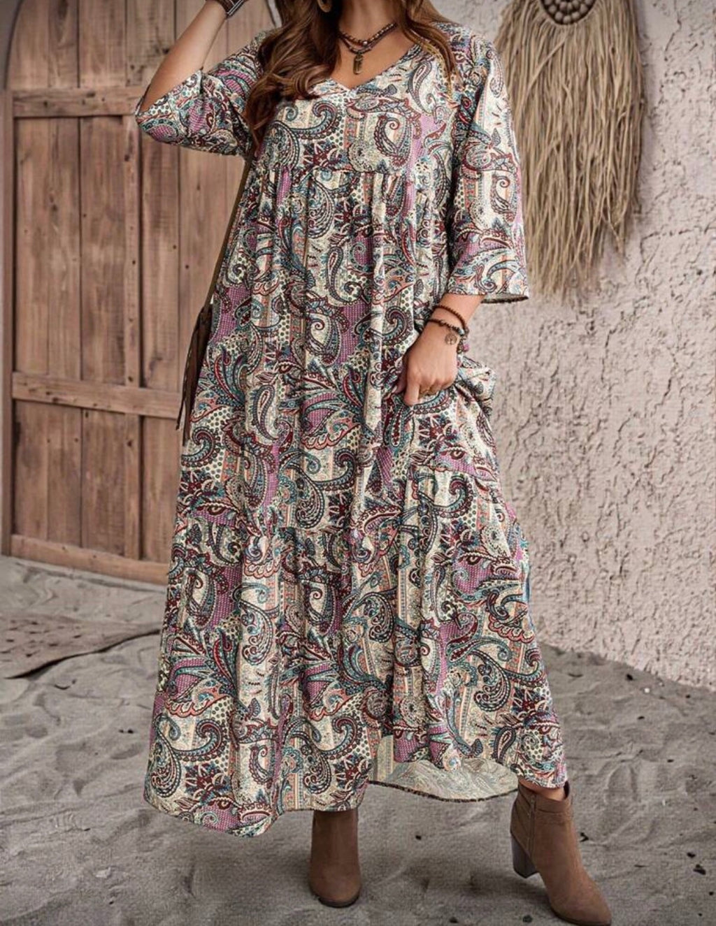 Curve-Khaki-Boho-Paisley-Maxi-Dress-front