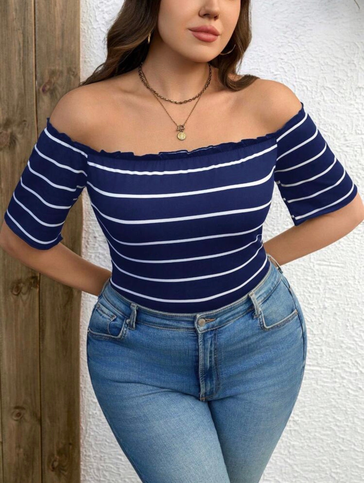 Curve-Navy-Blue-Stripe-Off-Shoulder-Top-front