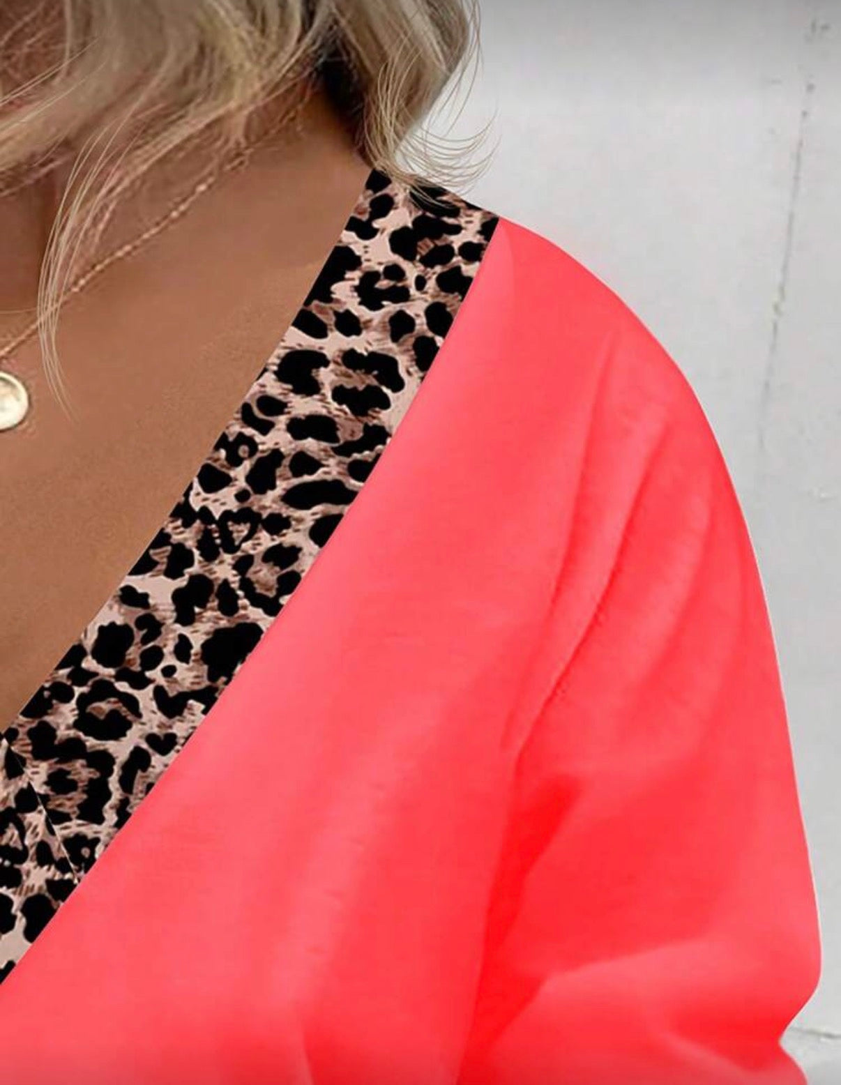 Curve-Neon-Red-Leopard-Trim-V-Neck-Top-front-detail