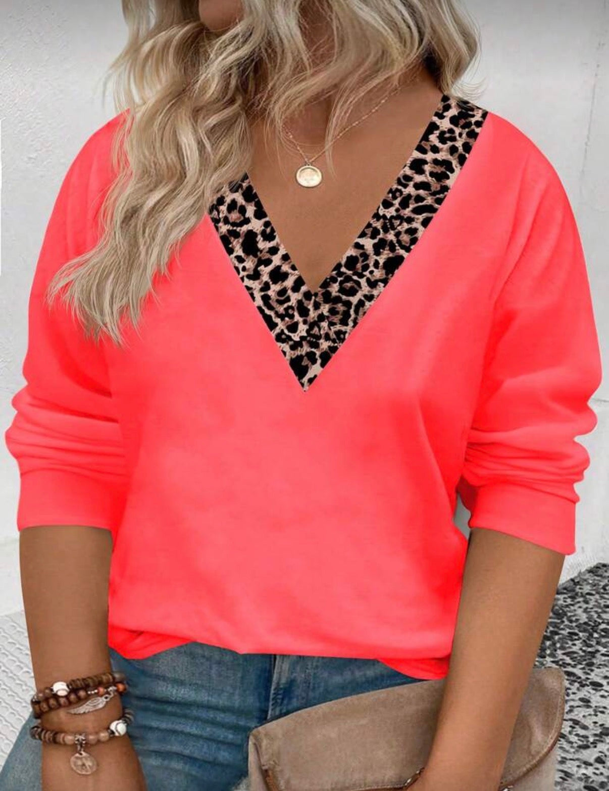 Curve-Neon-Red-Leopard-Trim-V-Neck-Top-front