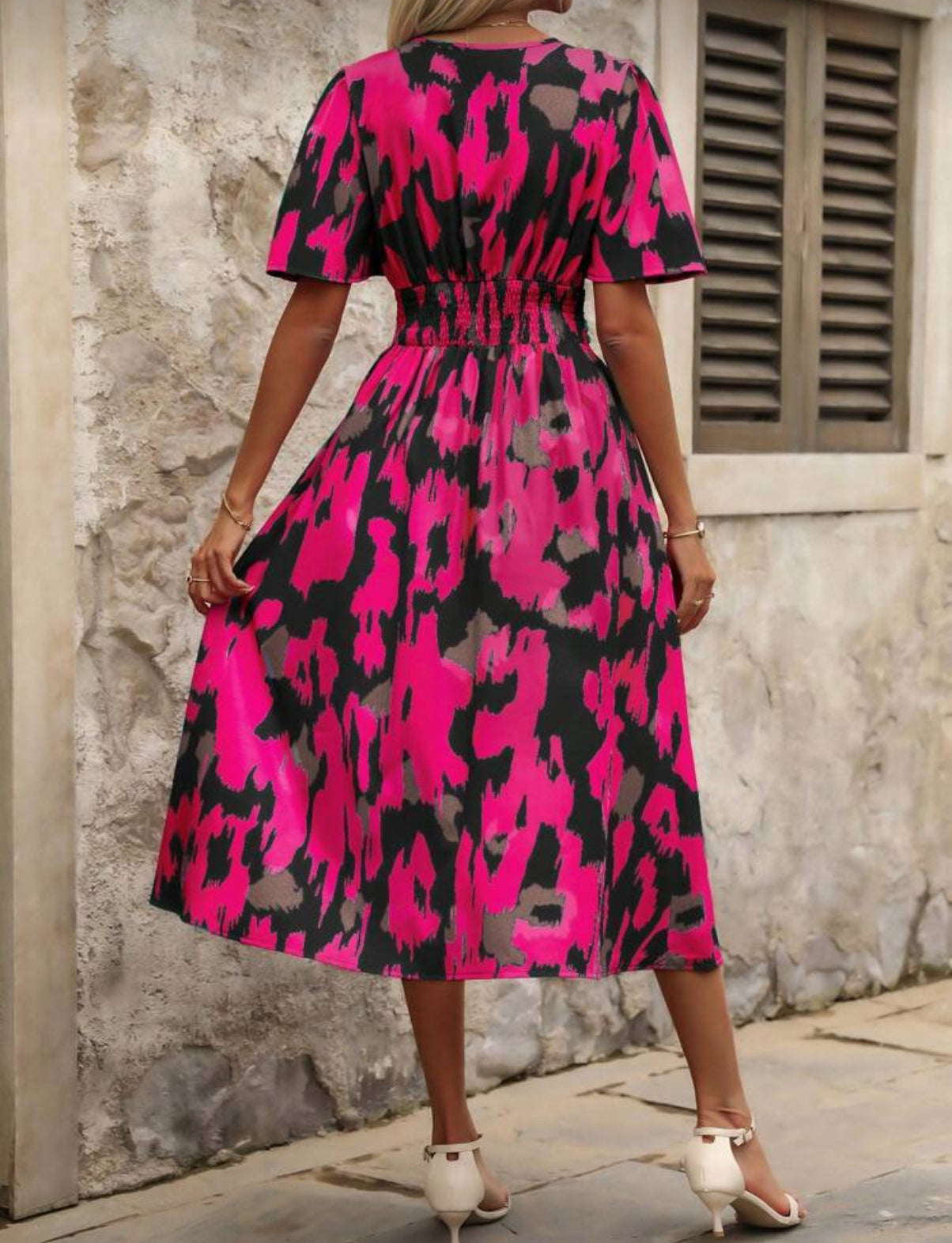 Curve-hot-pink-midi-print-dress-back