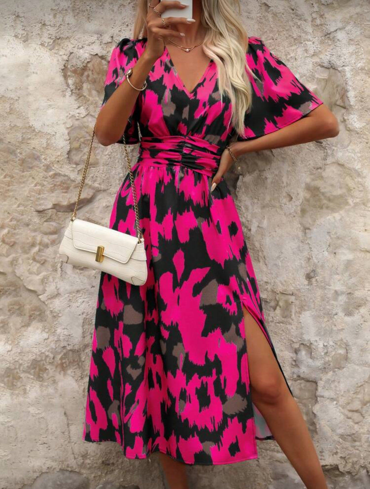 Curve-hot-pink-midi-print-dress-front