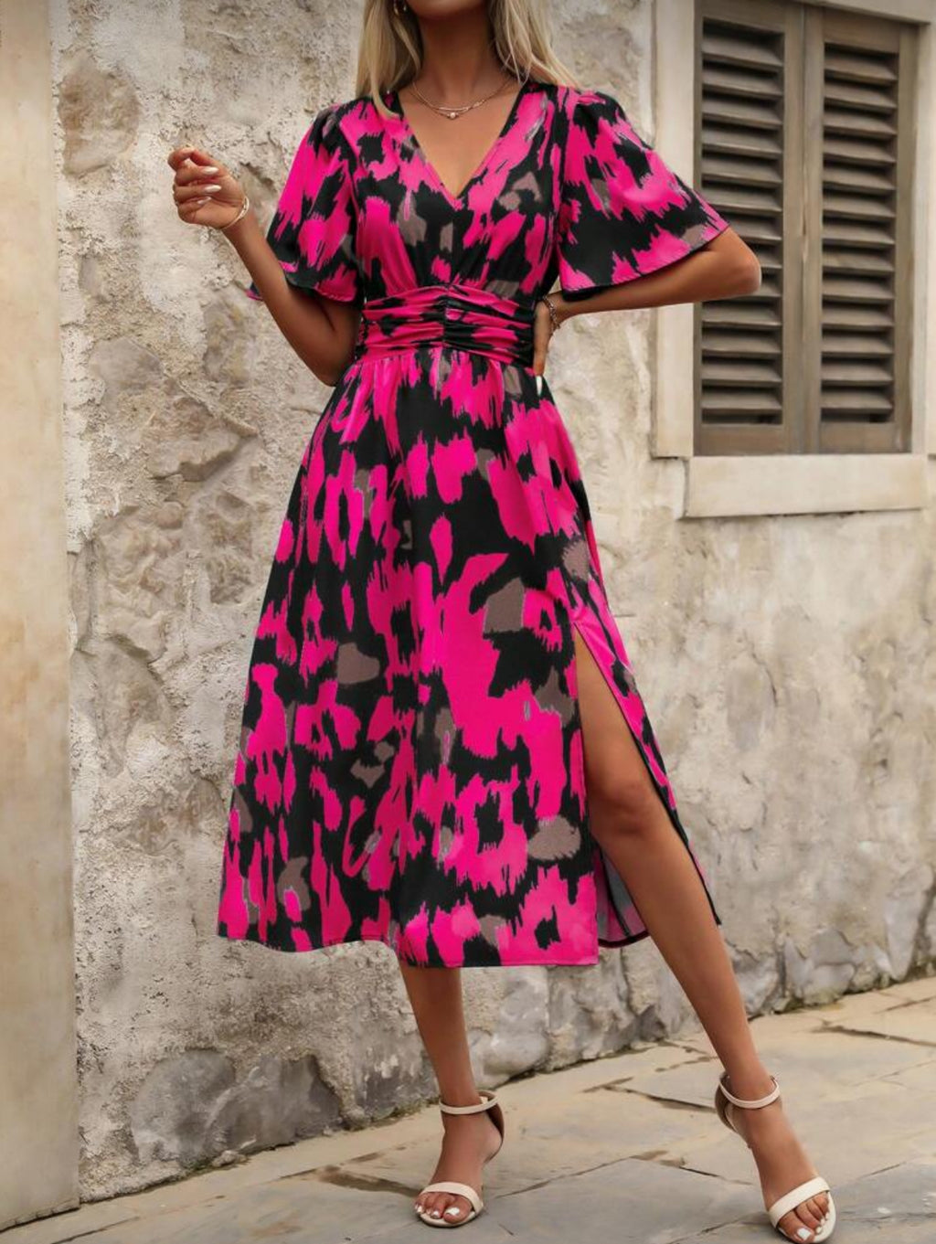 Curve-hot-pink-midi-print-dress-front2