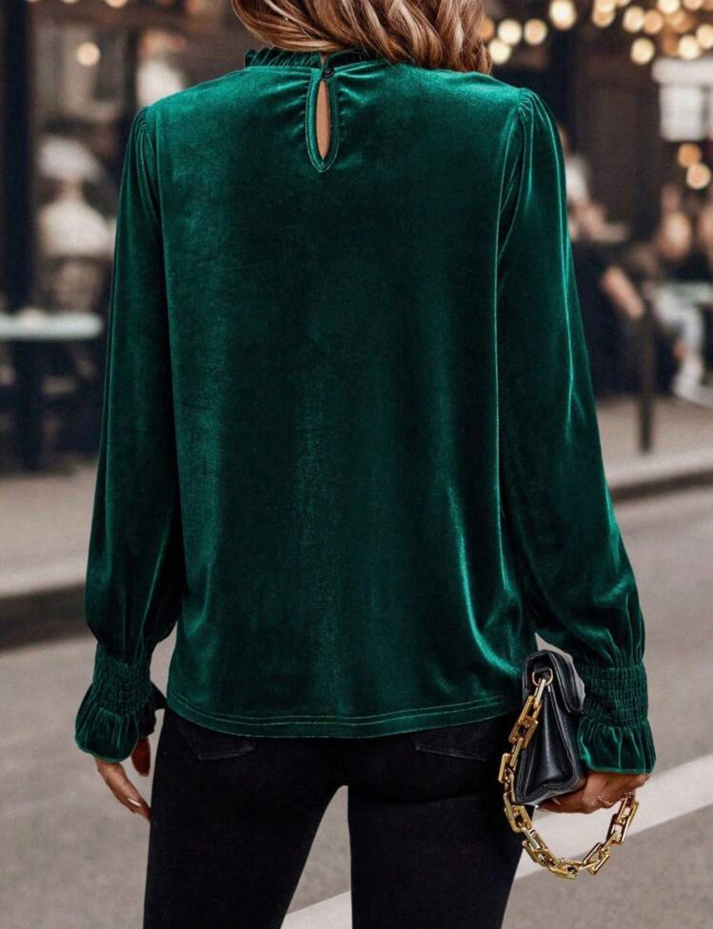 Emerald-Green-Frill-Neck-Velvet-Blouse-back