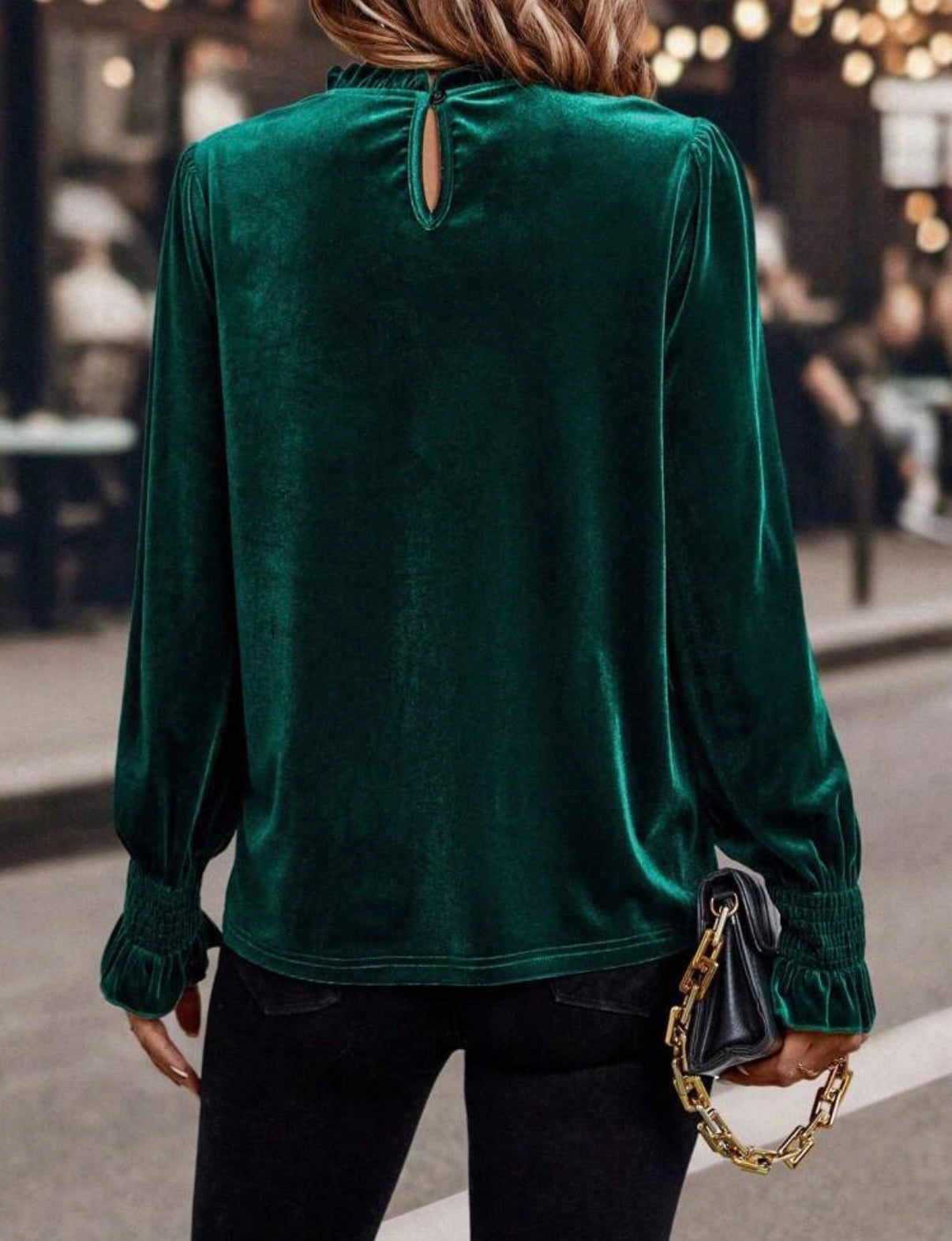 Emerald-Green-Frill-Neck-Velvet-Blouse-back