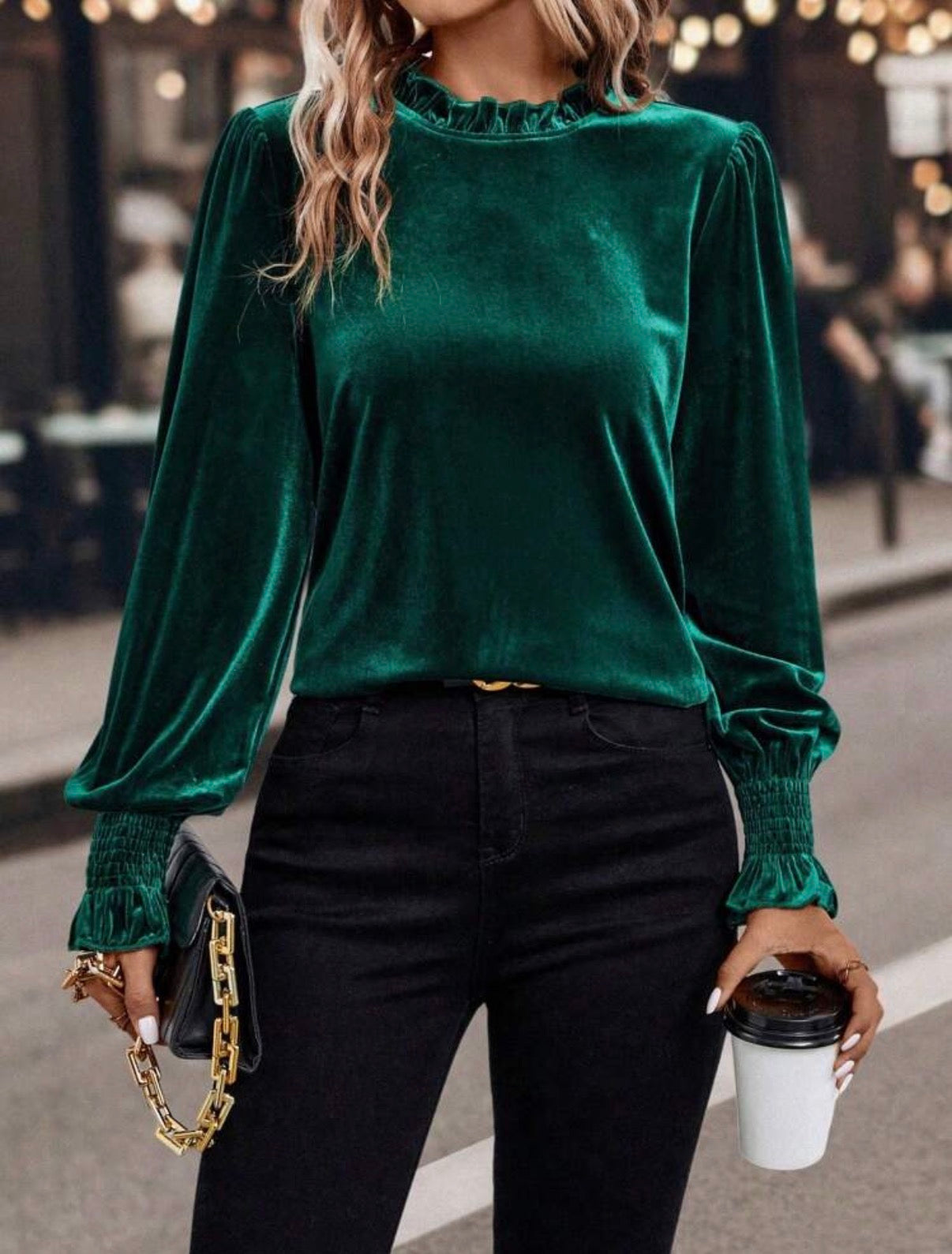 Emerald-Green-Frill-Neck-Velvet-Blouse-front
