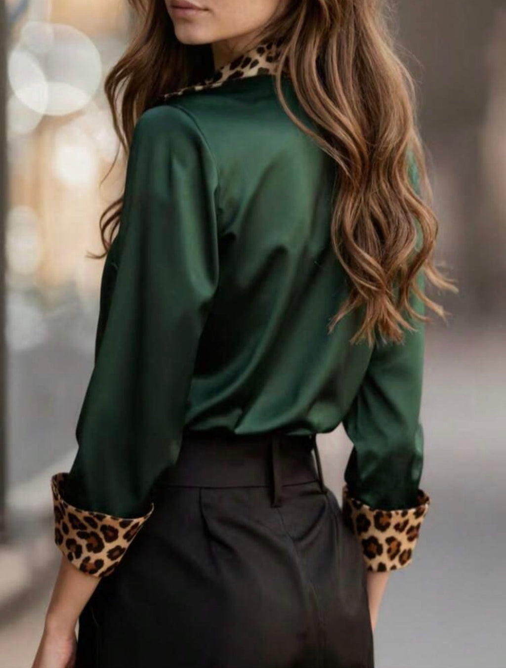 Emerald-Green-Satin-Leopard-Print-Contrast-Blouse-back