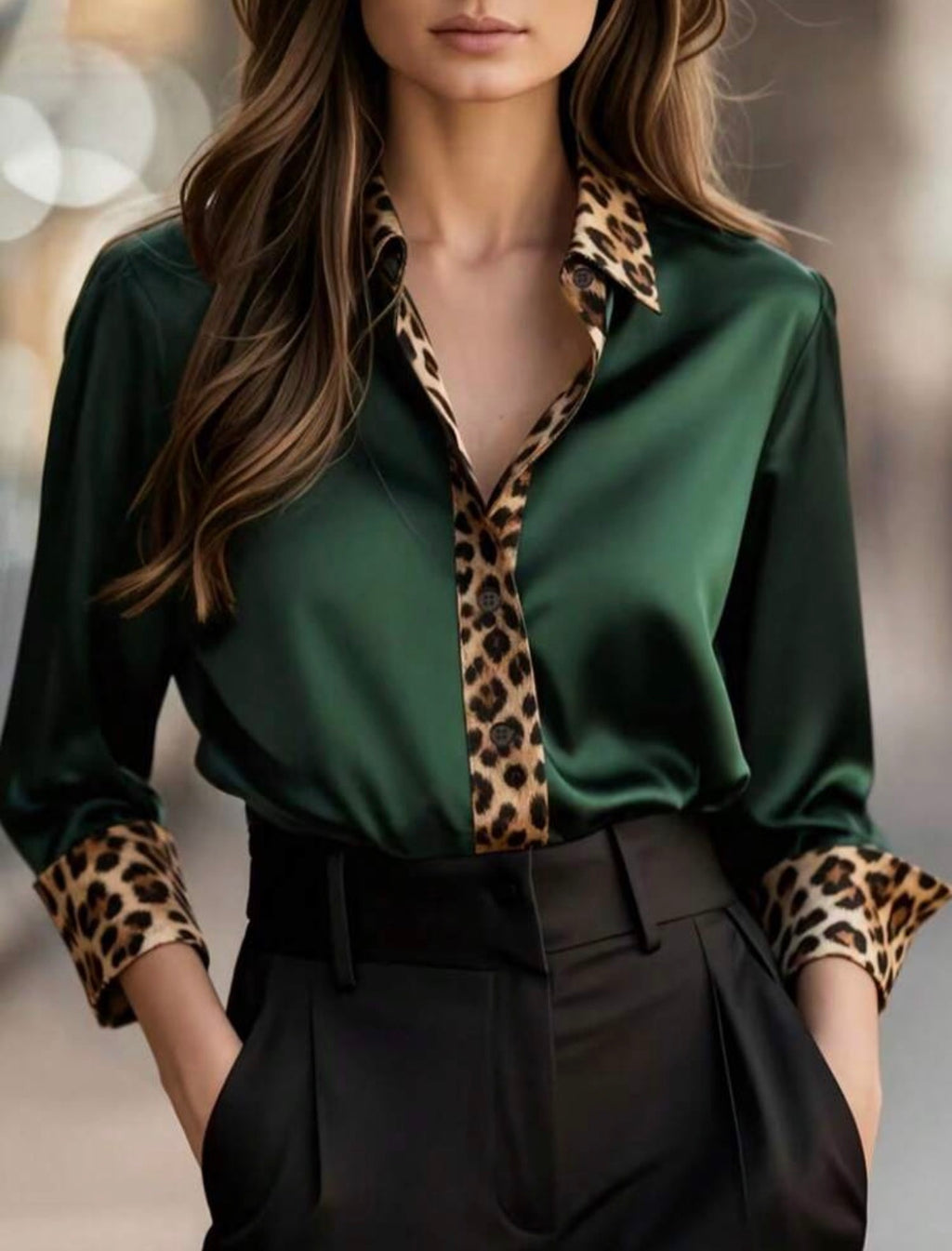 Emerald-Green-Satin-Leopard-Print-Contrast-Blouse-front