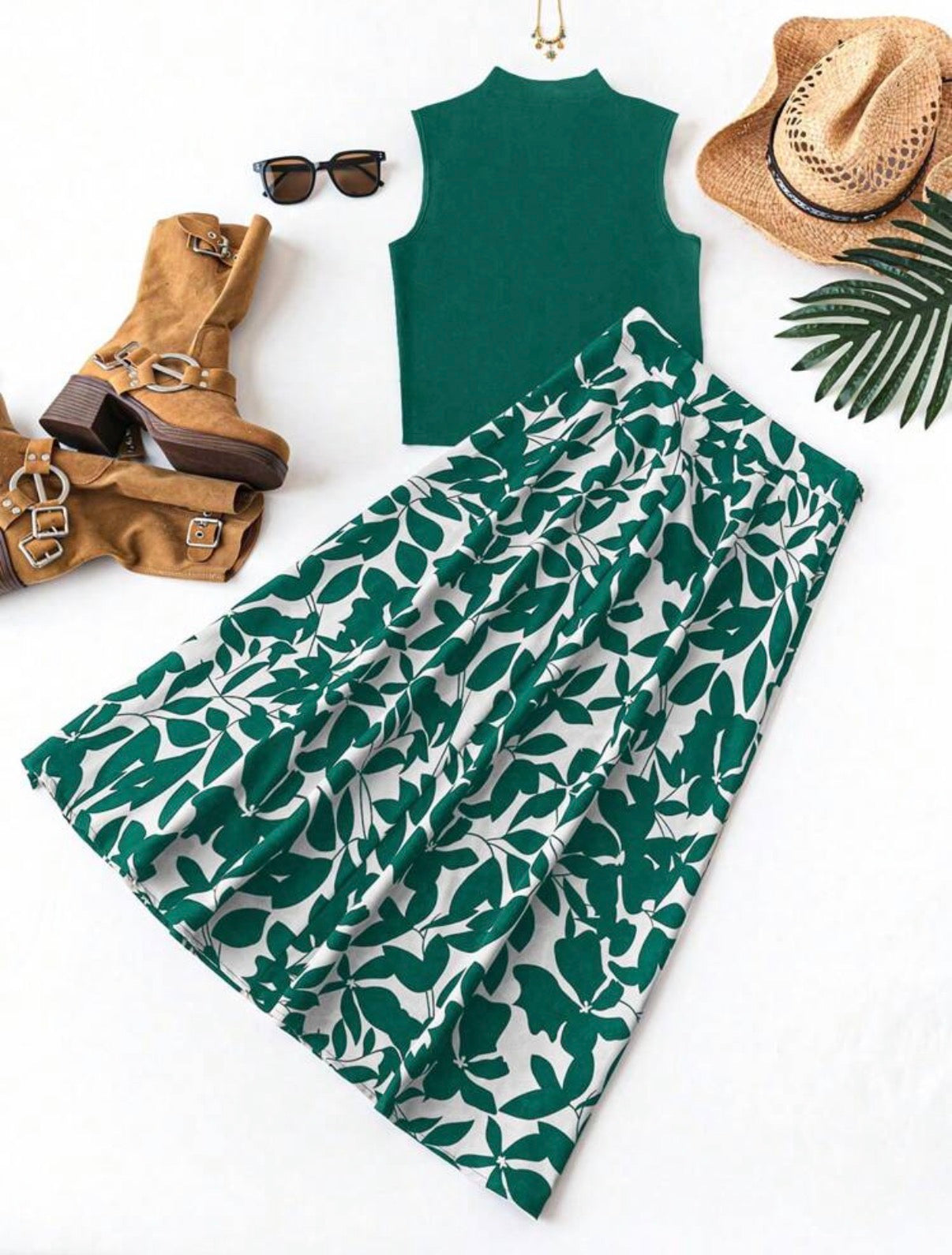 Emerald-Green-Sleeveless-Emeral-Green-White-Maxi-Skirt-Botanical-Breeze-Two-Piece-Set-back