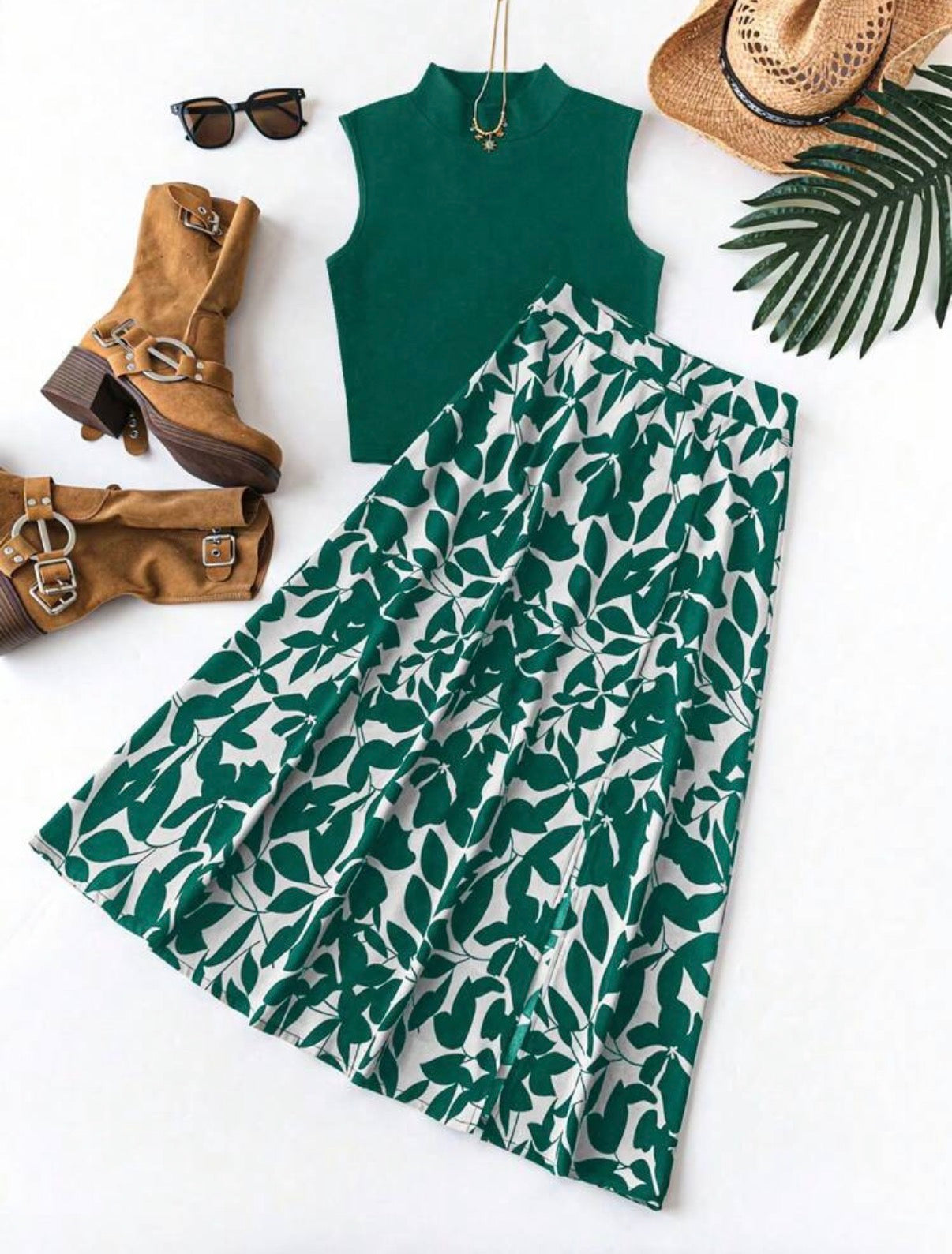 Emerald-Green-Sleeveless-Emeral-Green-White-Maxi-Skirt-Botanical-Breeze-Two-Piece-Set-front