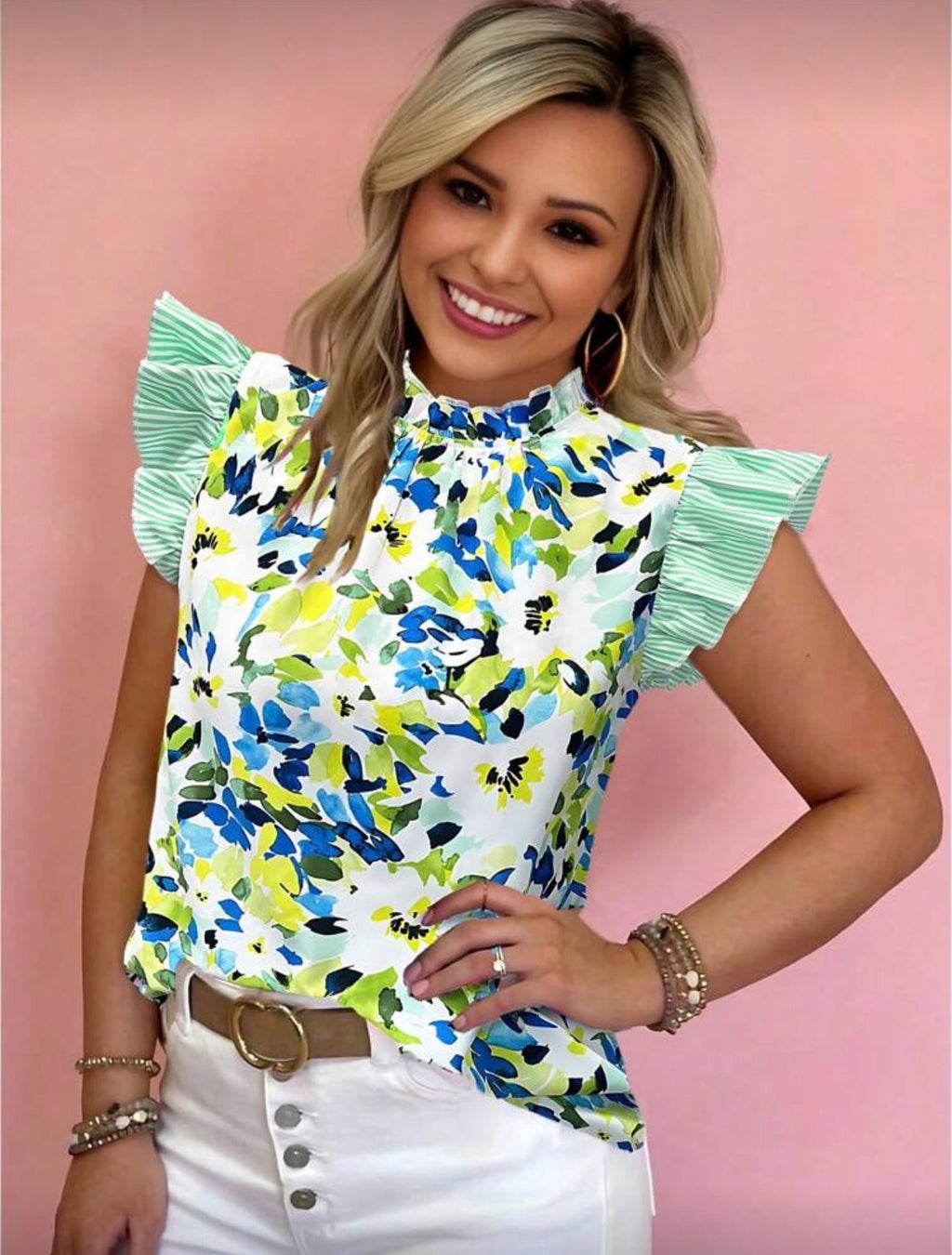 Floral-Blue-Green-Ruffle-Sleeve-Top-front