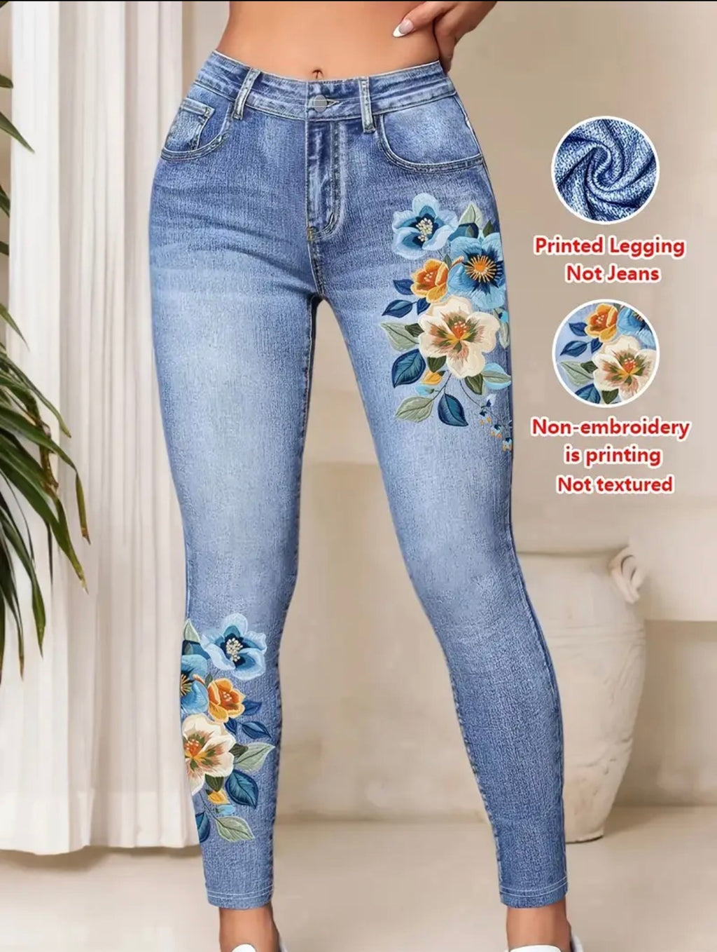 Floral-Print-On-Denim-look-Leggings-front