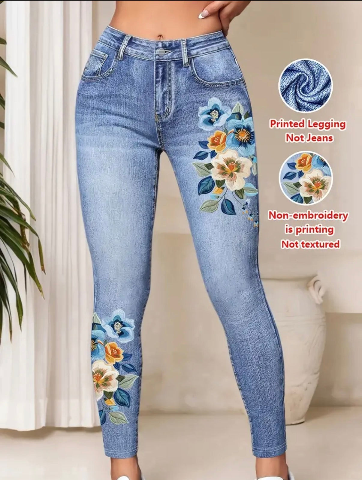 Floral-Print-On-Denim-look-Leggings-front