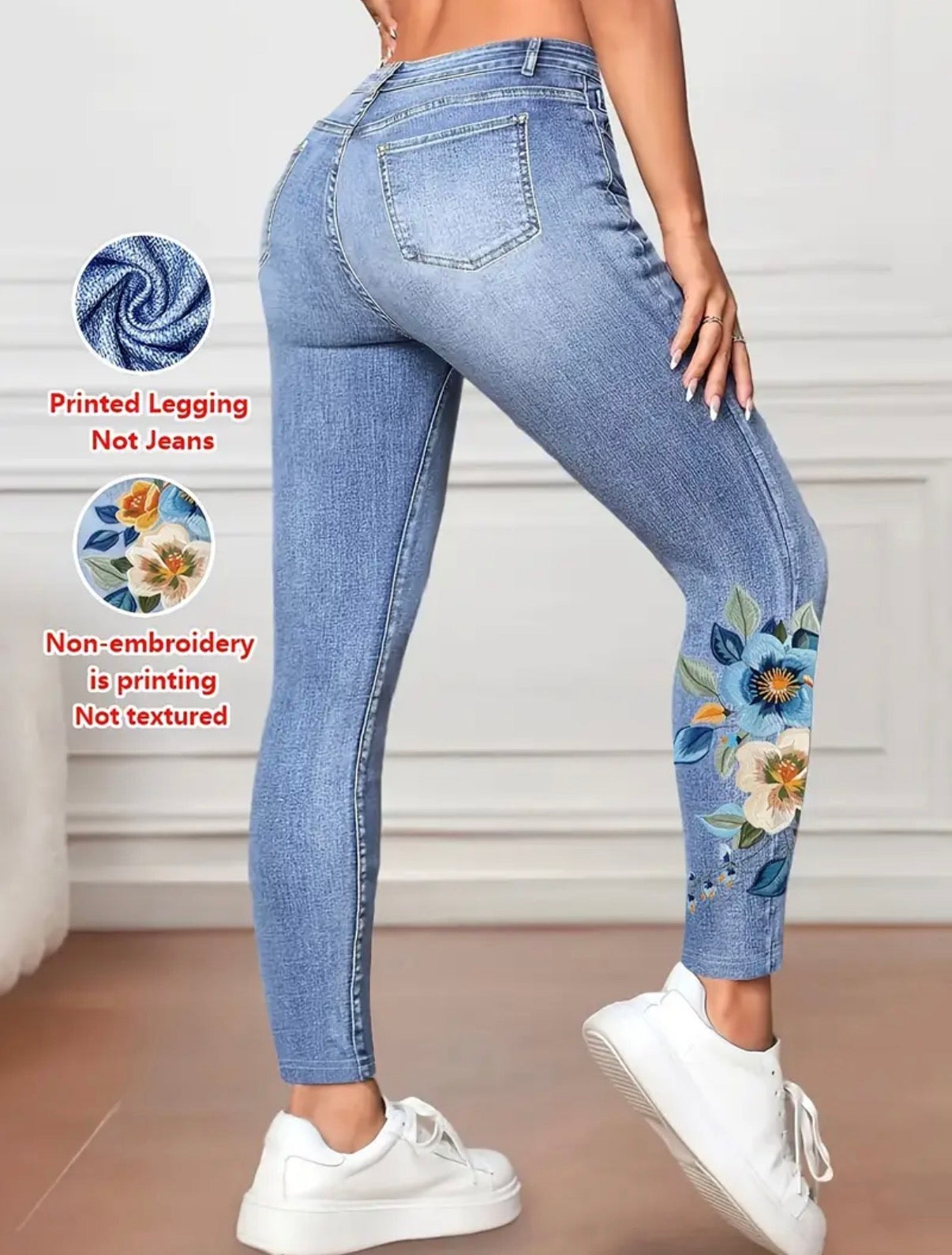 Floral-Print-On-Denim-look-Leggings-side