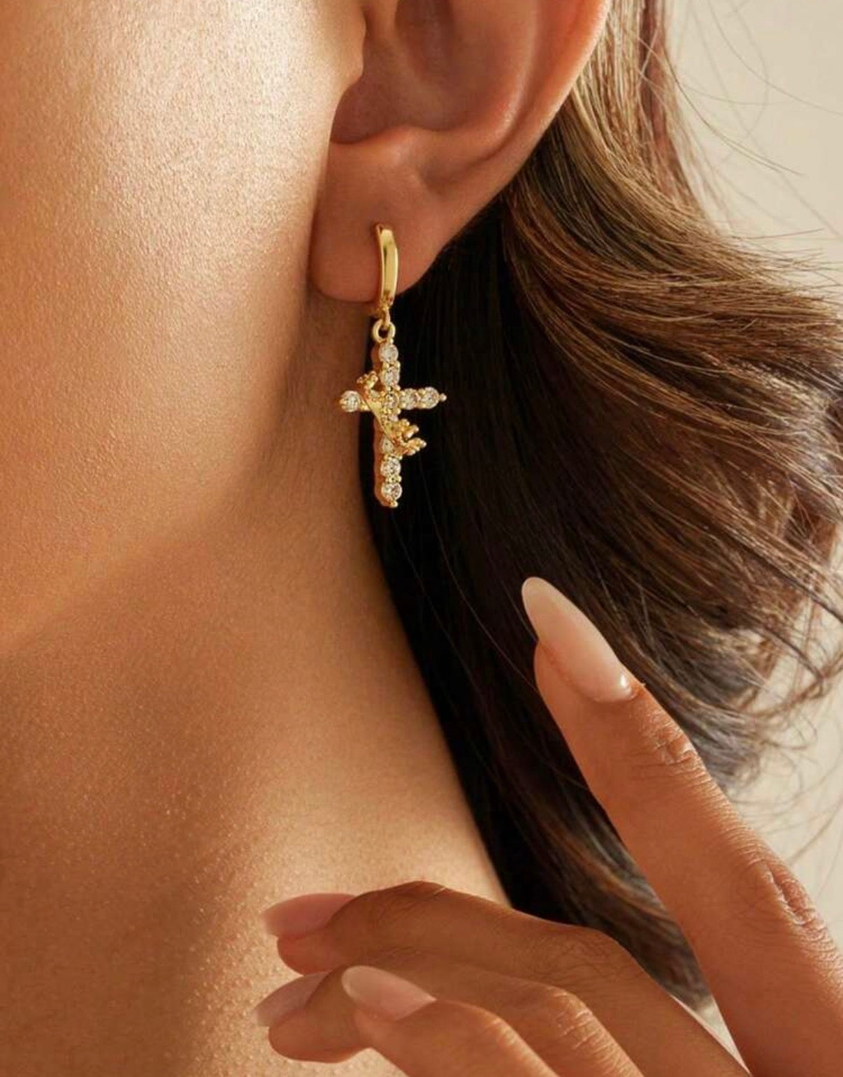 Gold-Diamante-Cross-Crown-Earrings-front-lifestyle