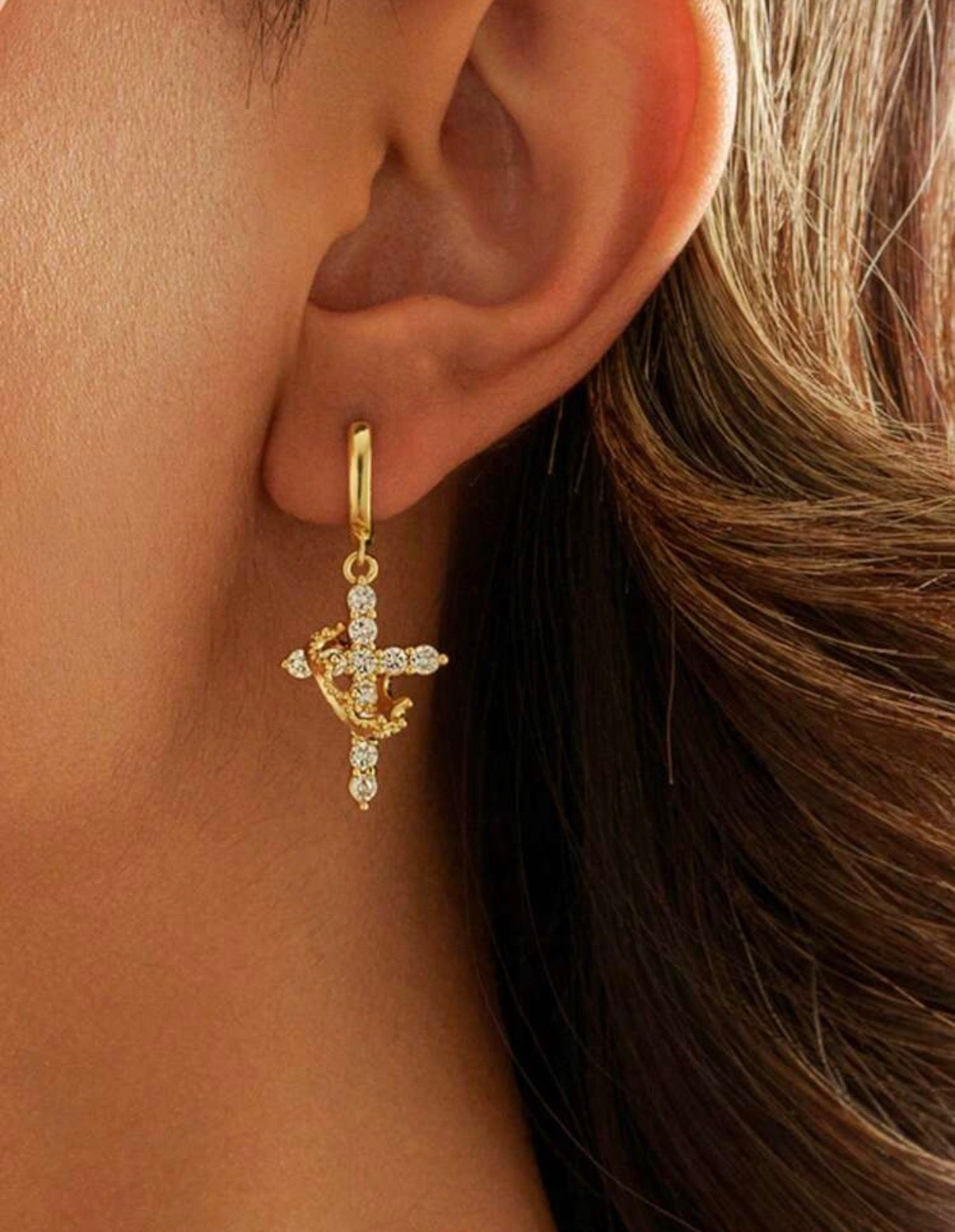 Gold-Diamante-Cross-Crown-Earrings-front