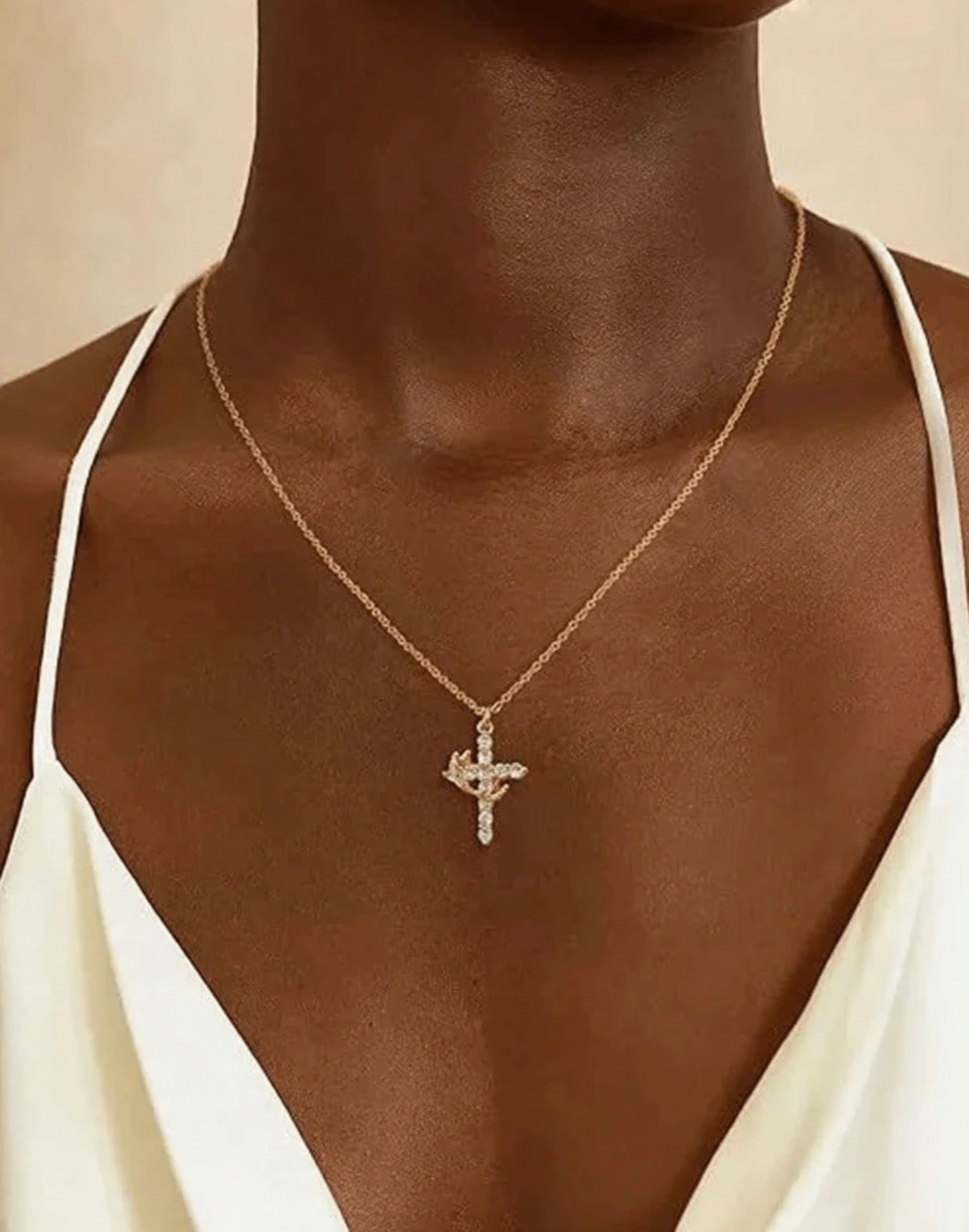 Gold-Stainless-Steel-Rotating-Crown-Cross-Necklace-front