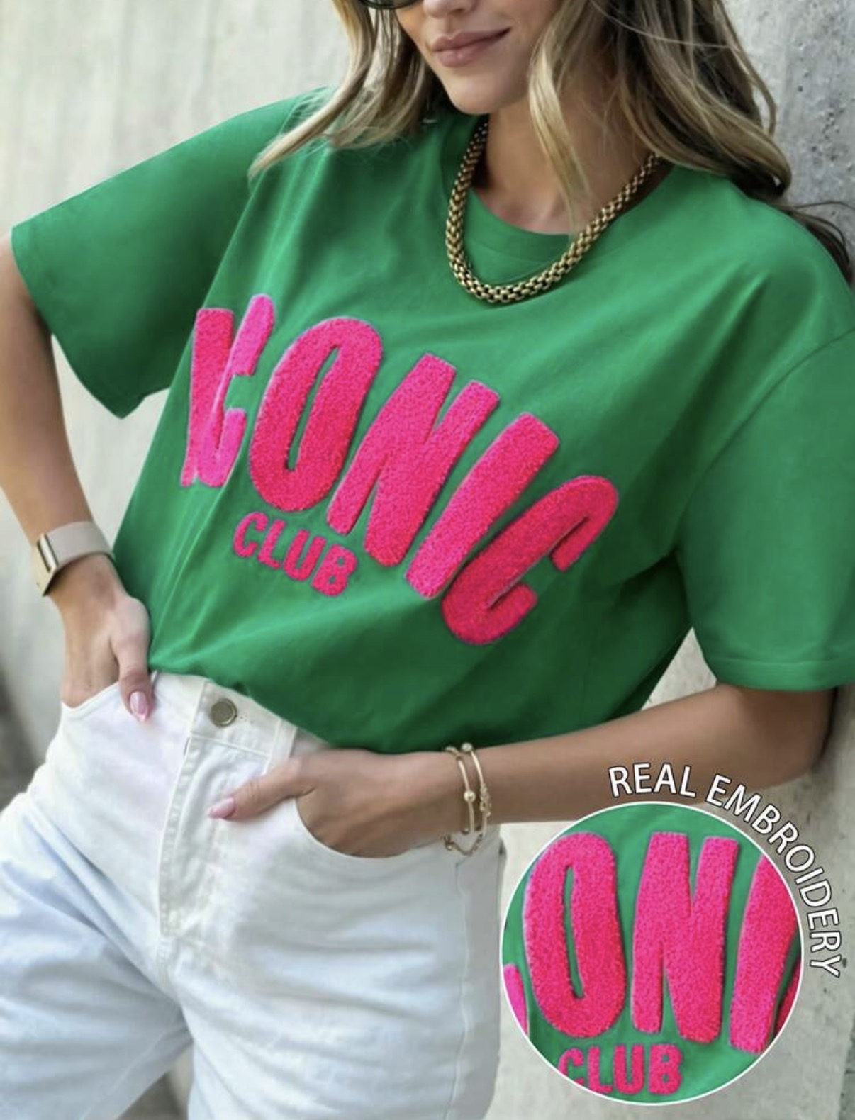 Green-Contrast-Neon-Pink-Iconic-Club-Embroidered-T-Shirt-front
