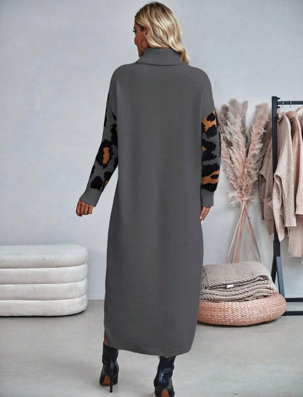 Grey-Winter-Leopard-Long-Sleeve-Knit-Midi-Dress-back