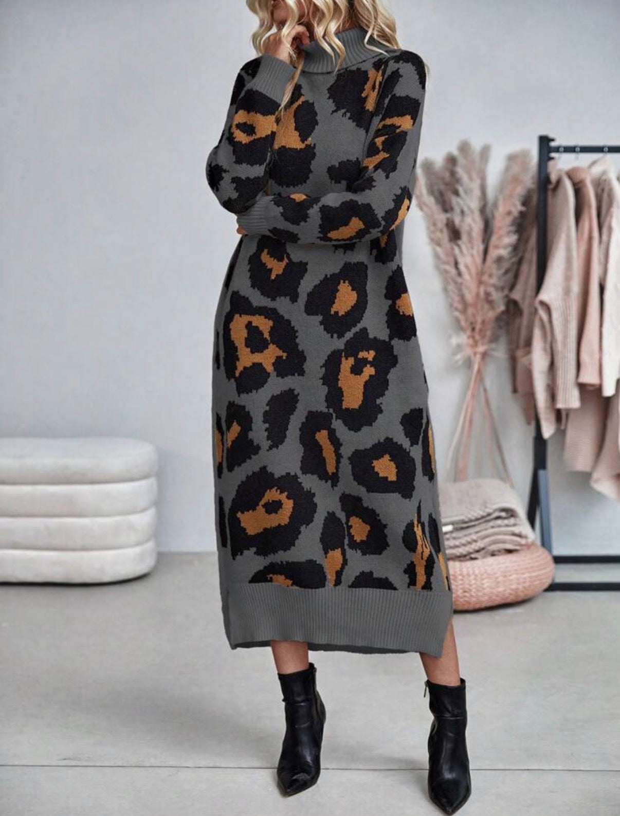 Grey-Winter-Leopard-Long-Sleeve-Knit-Midi-Dress-front-lifestyle