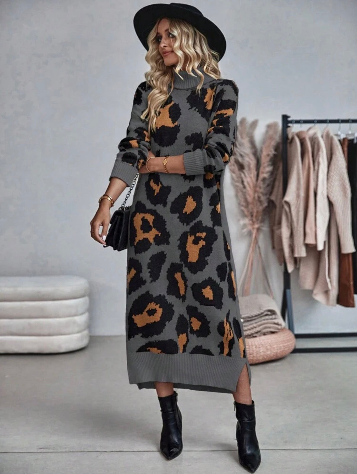 Grey-Winter-Leopard-Long-Sleeve-Knit-Midi-Dress-front