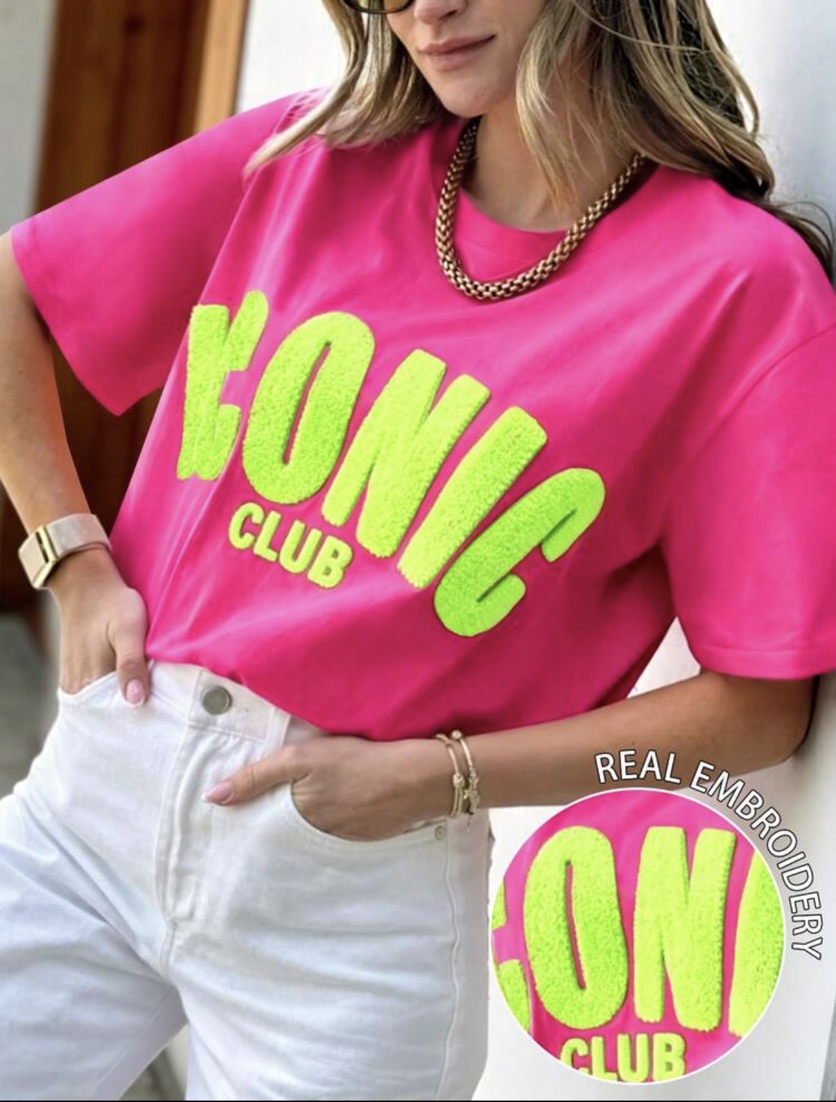 Hot-Pink-Contrast-Neon-Yellow-Iconic-Club-Embroidered-T-Shirt-front