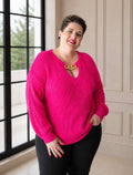 Hot-Pink-Keyhole-Ribbed-Knit-Jersey-Gold-Chunky-Chain-front