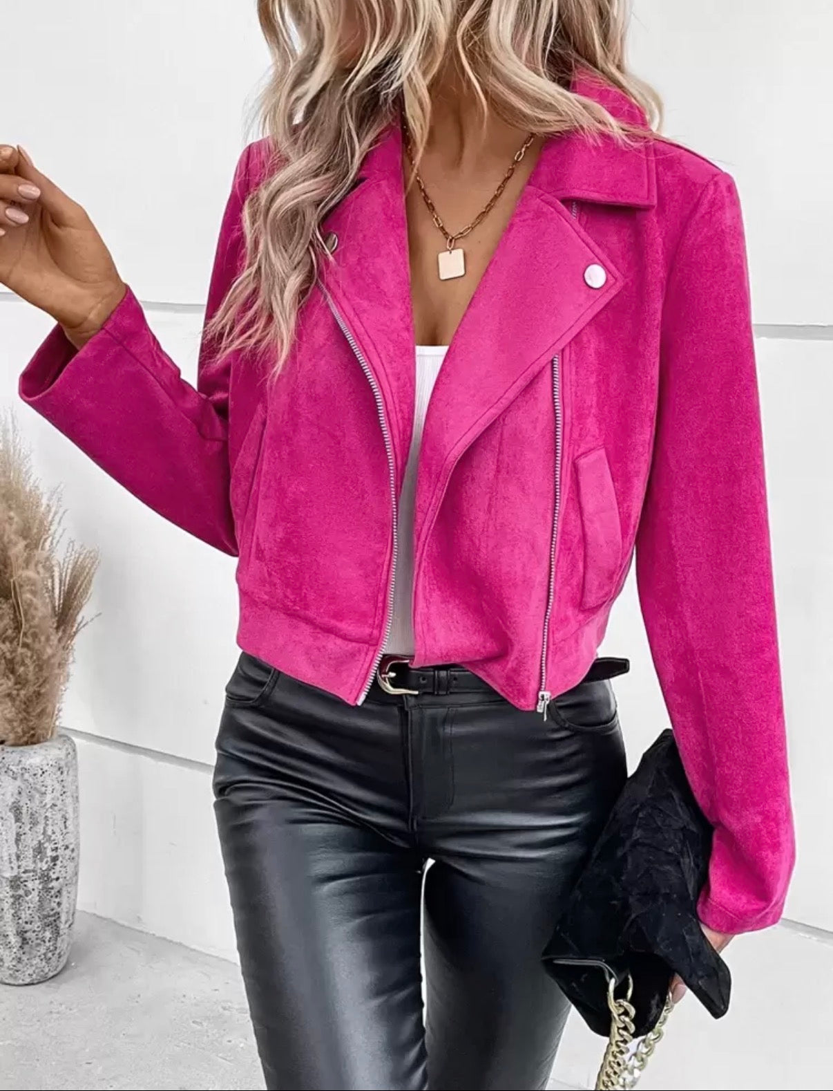 Hot-Pink-Suede-Biker-Jacket-front