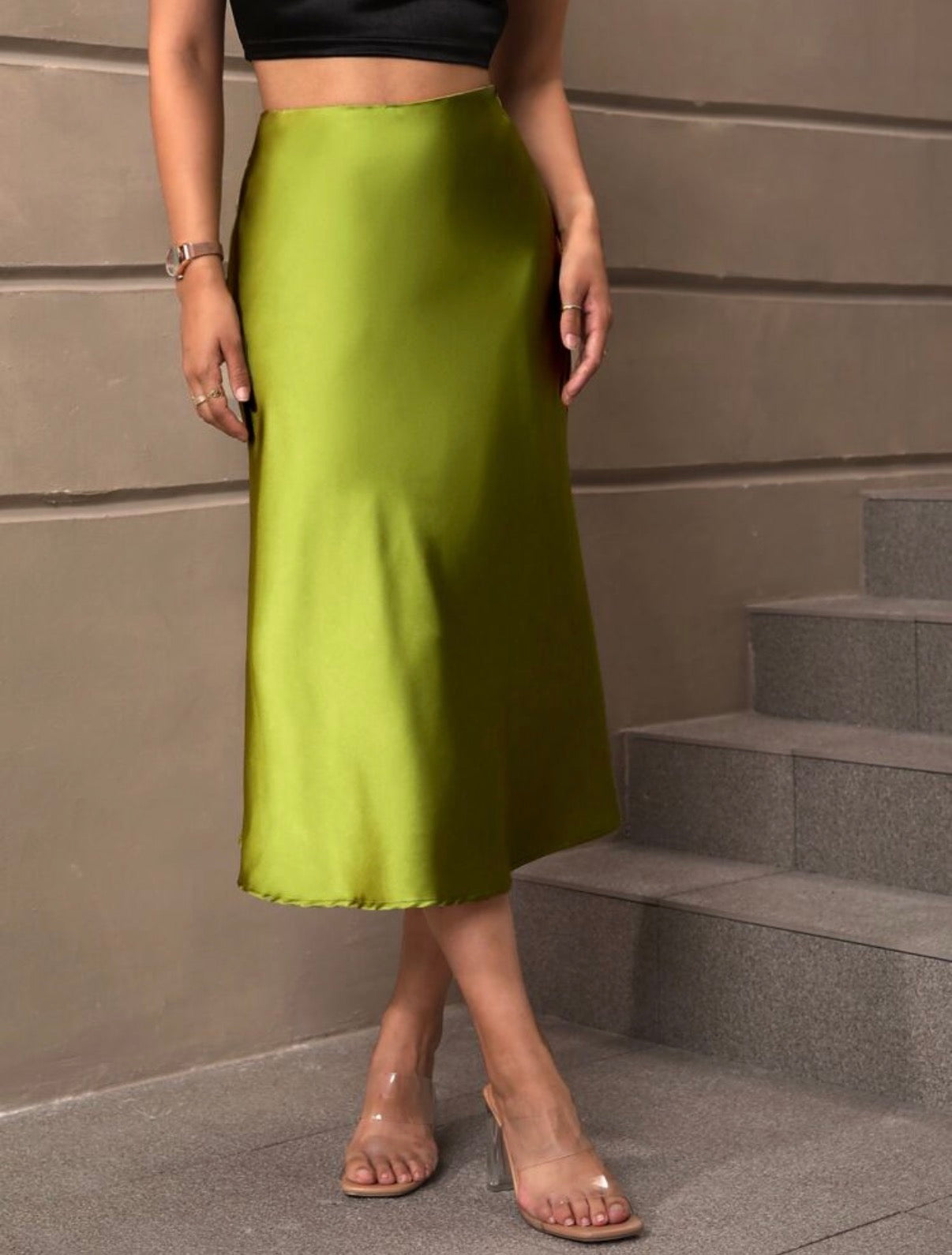 Lime-Green-Satin-Midi-Skirt-front-lifestyle