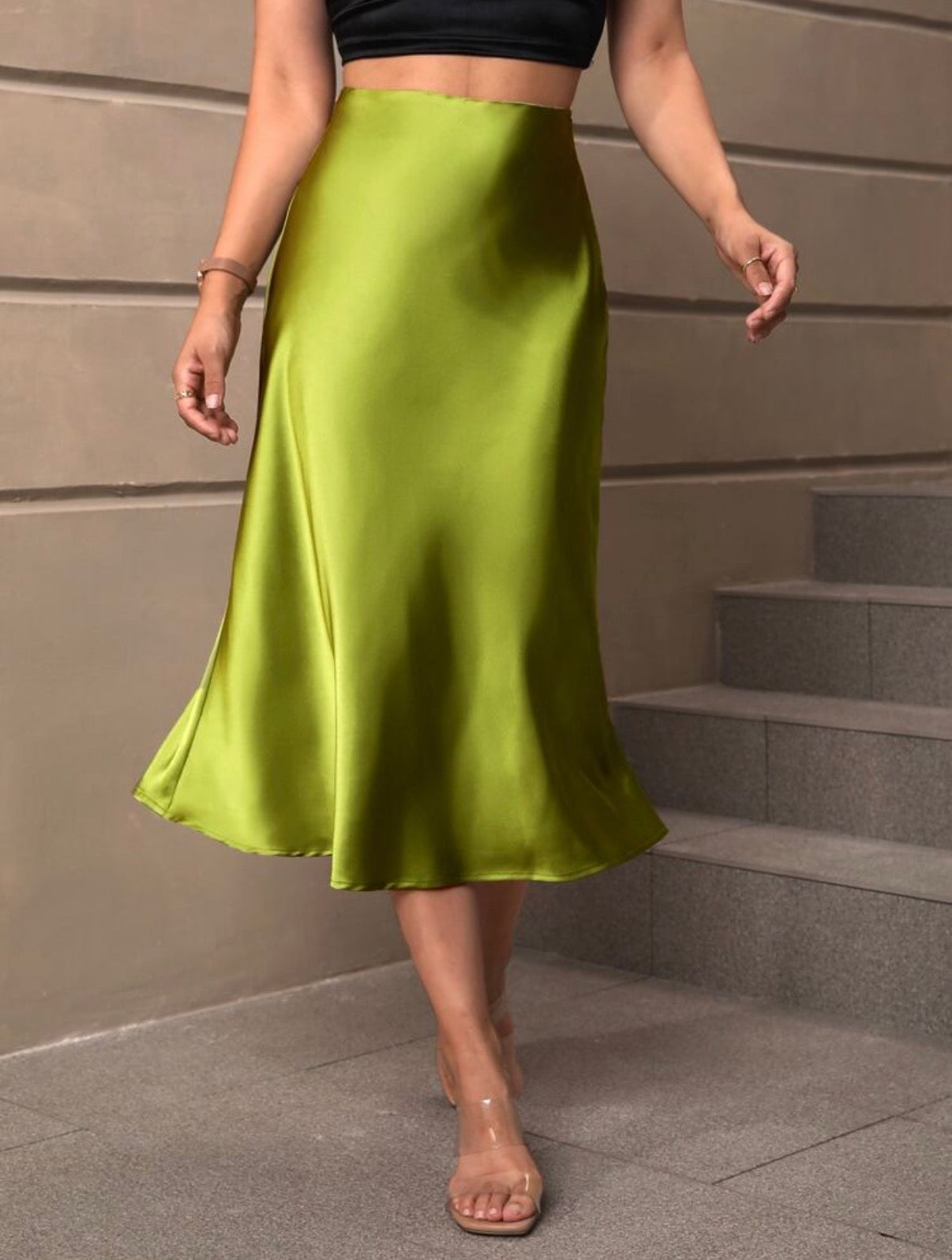 Lime-Green-Satin-Midi-Skirt-front
