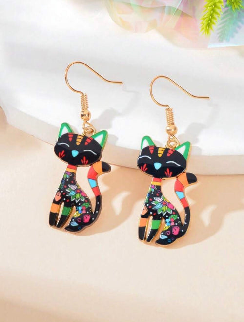 Multi-colour-Painted-Abstract-Cat-Earrings-front
