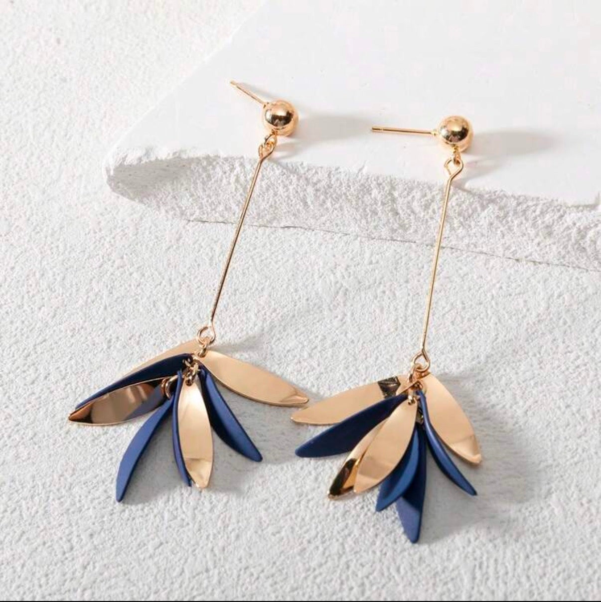 Navy-Blue-Leaf-Cascade-Statement-Earrings-front