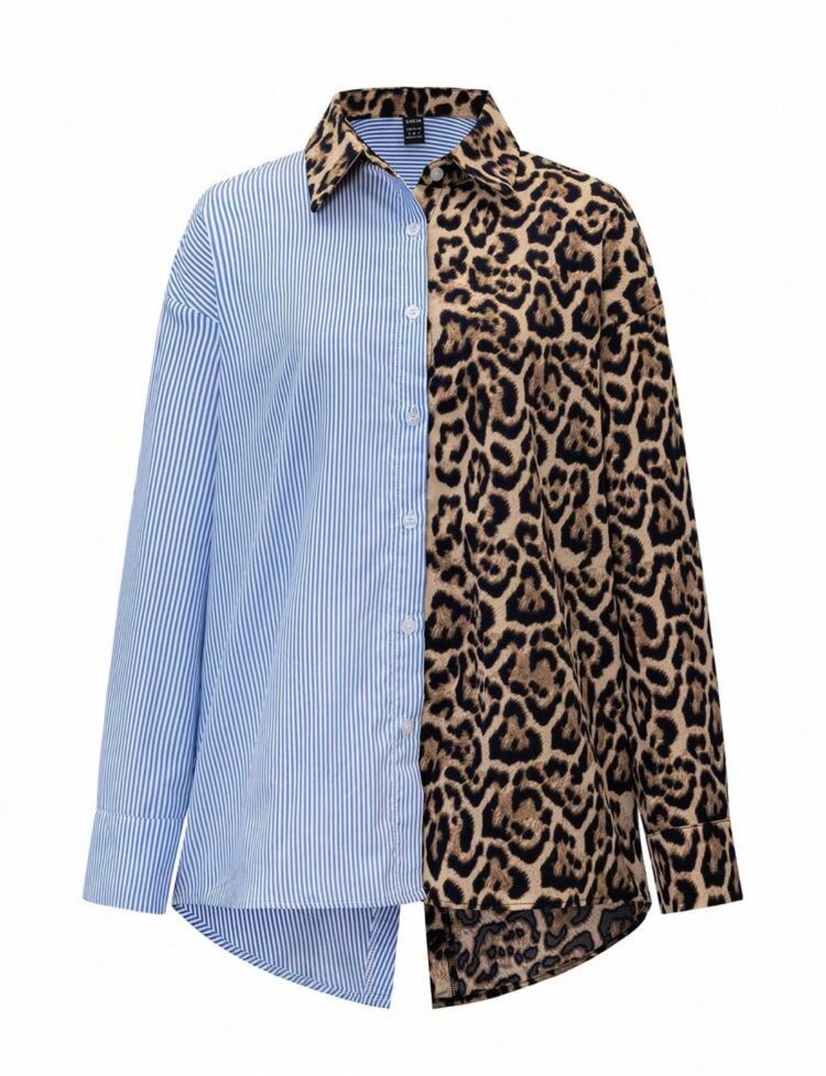 Neutral-Black-Half-Leopard-Blue-White-Stripe-Statement-Shirt-front-lifestyle