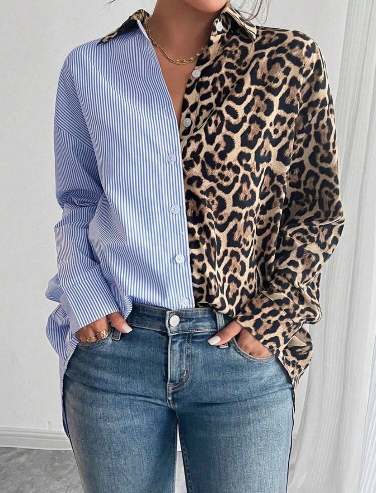 Neutral-Black-Half-Leopard-Blue-White-Stripe-Statement-Shirt-front
