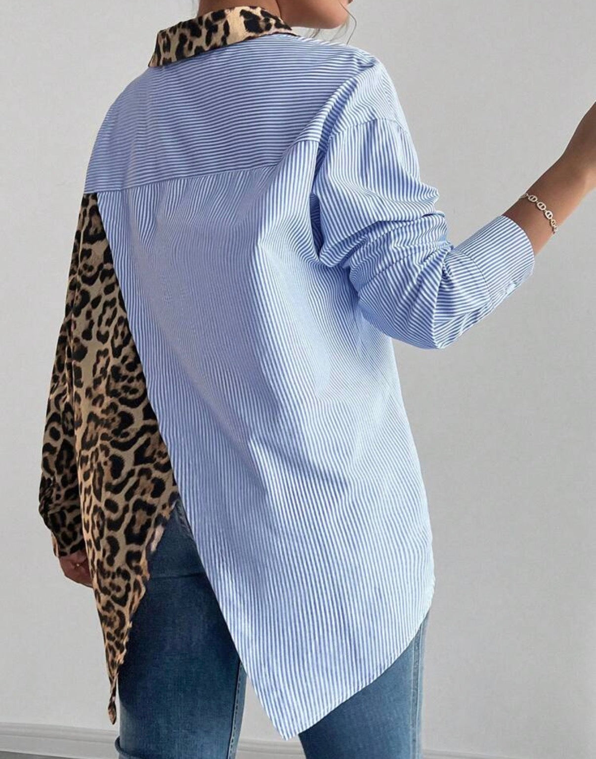 Neutral-Black-Half-Leopard-Blue-White-Stripe-Statement-Shirt-side