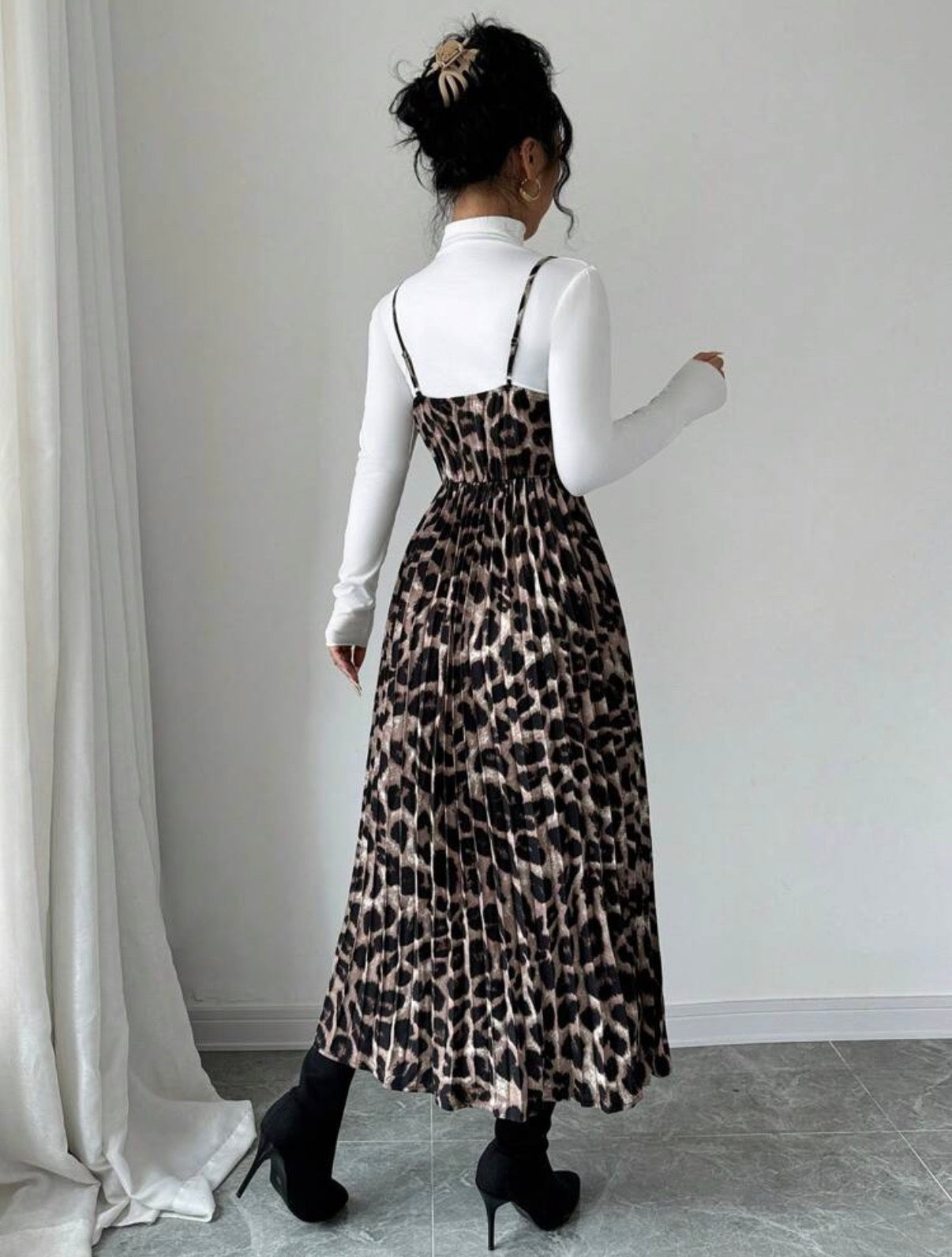 Neutral-Brown-Black-Leopard-Print-Pleated-Midi-Dress-back-lifestyle