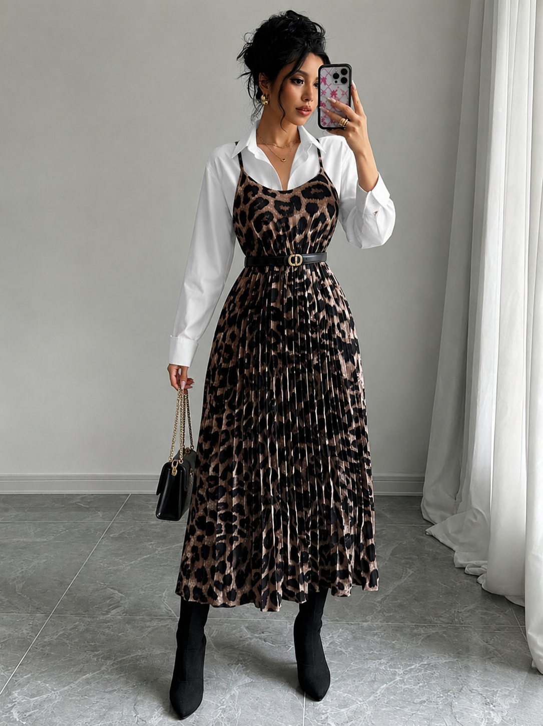 Neutral-Brown-Black-Leopard-Print-Pleated-Midi-Dress-front-lifestyle