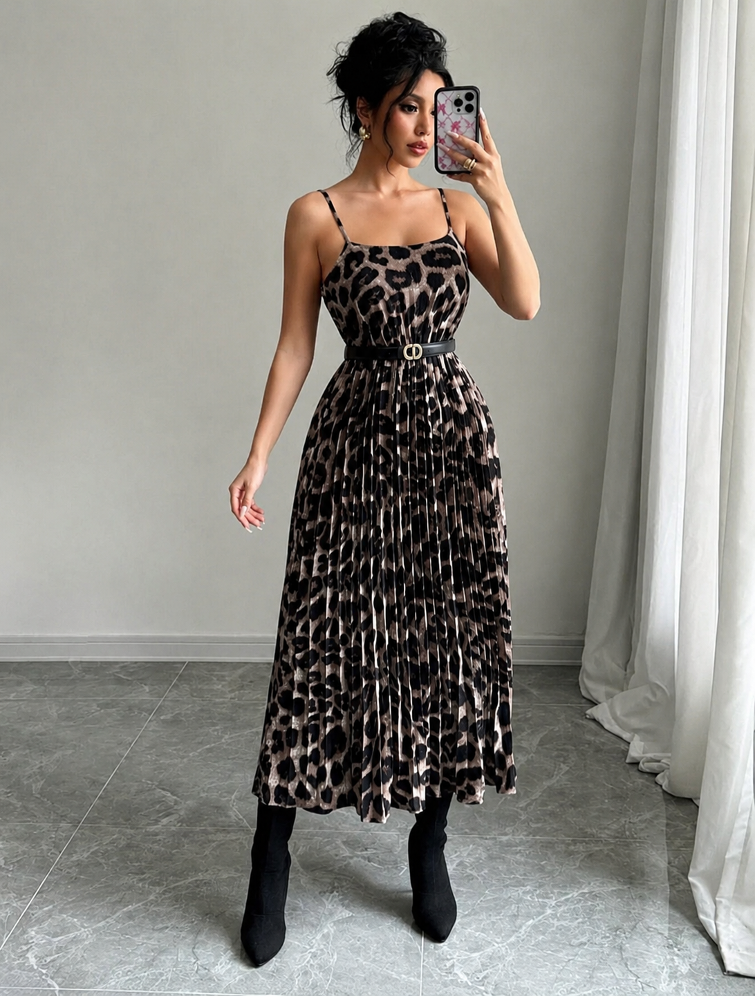 Neutral-Brown-Black-Leopard-Print-Pleated-Midi-Dress-front