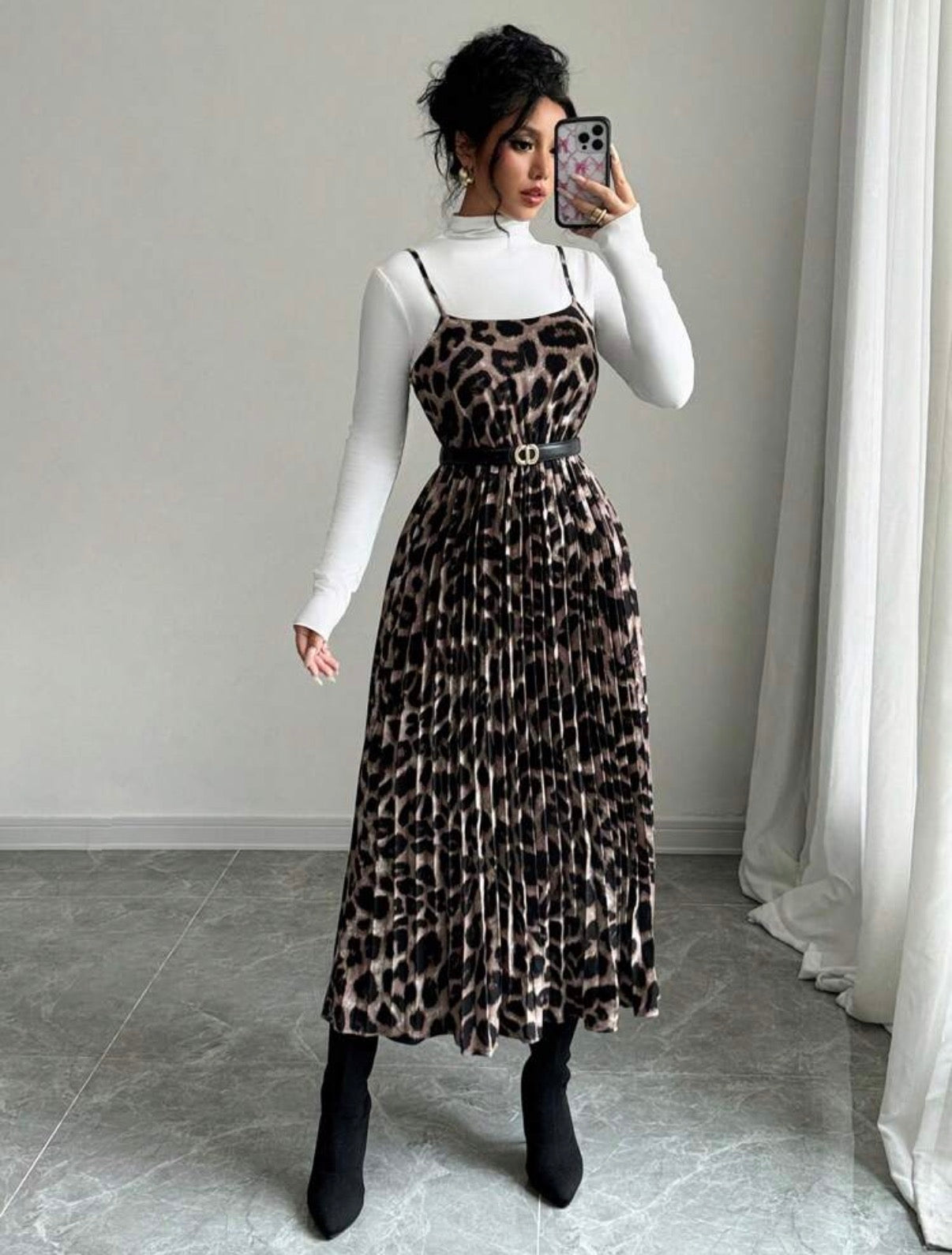 Neutral-Brown-Black-Leopard-Print-Pleated-Midi-Dress-side-lifestyle