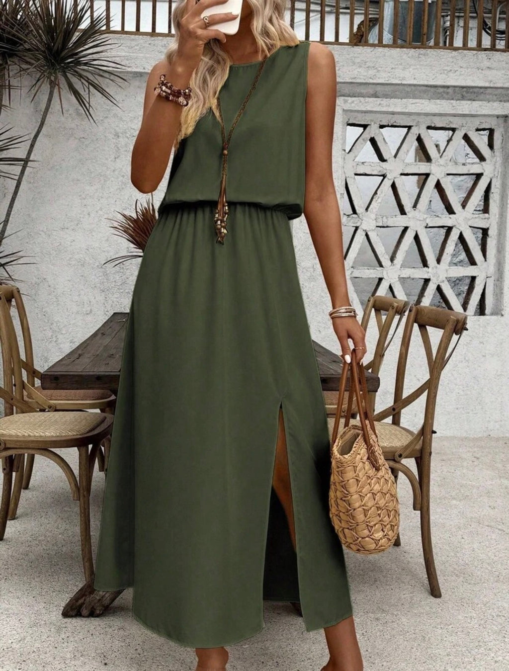 Olive-Green-Summer-Breeze-Sleeveless-Maxi-Dress-front