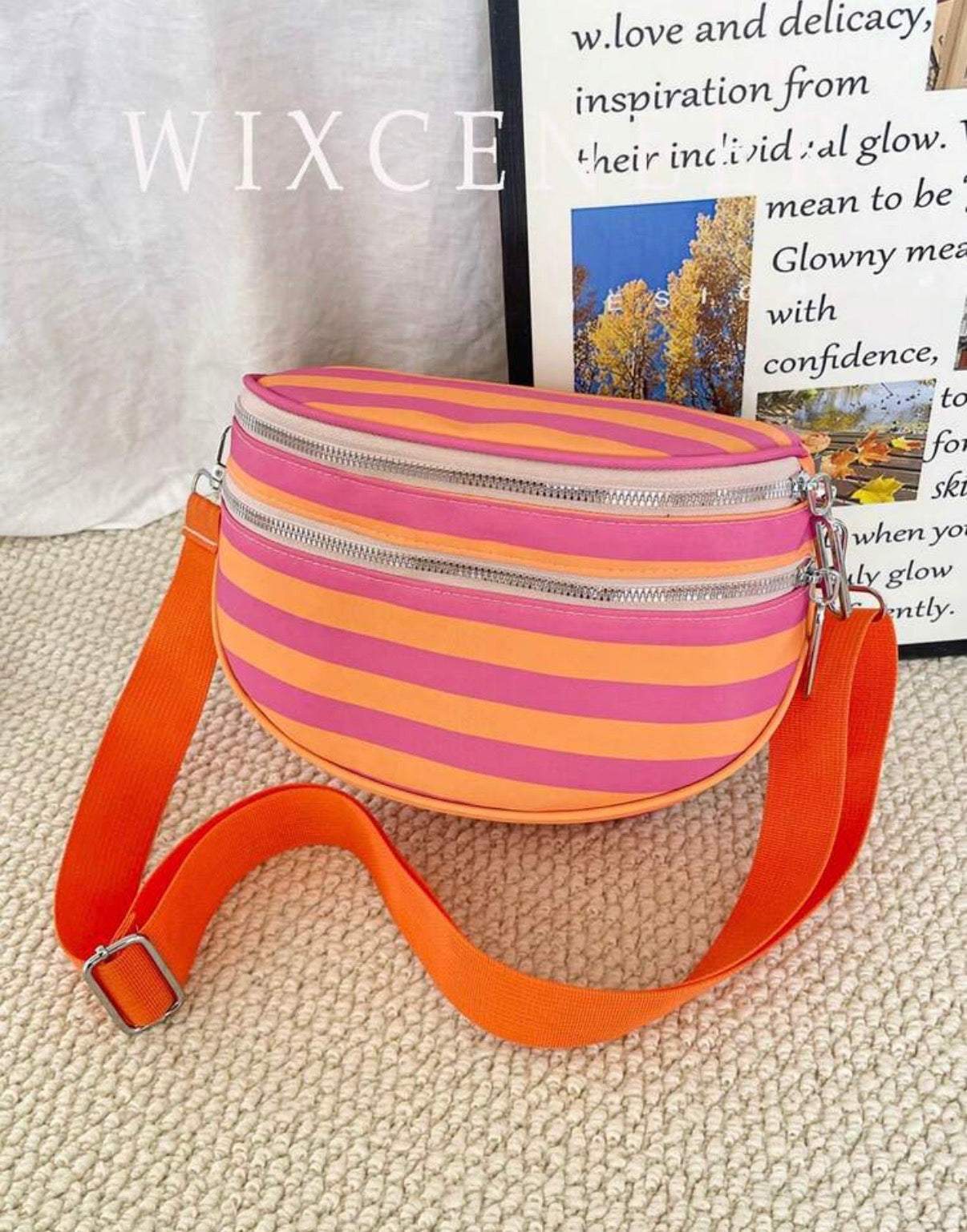 Orange-Pink-Striped-Litchi-Crossbody-Bag-front