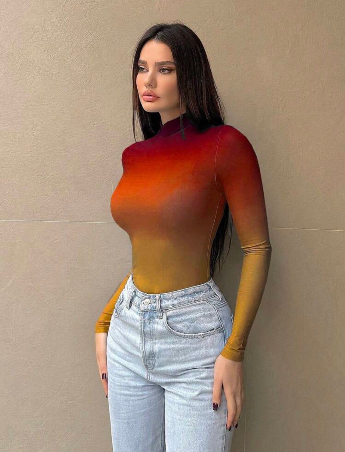 Orange-Sunset-Stand-Collar-Ombre-Bodysuit-front-side