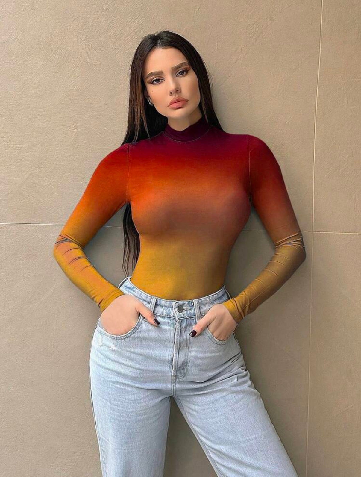 Orange-Sunset-Stand-Collar-Ombre-Bodysuit-front