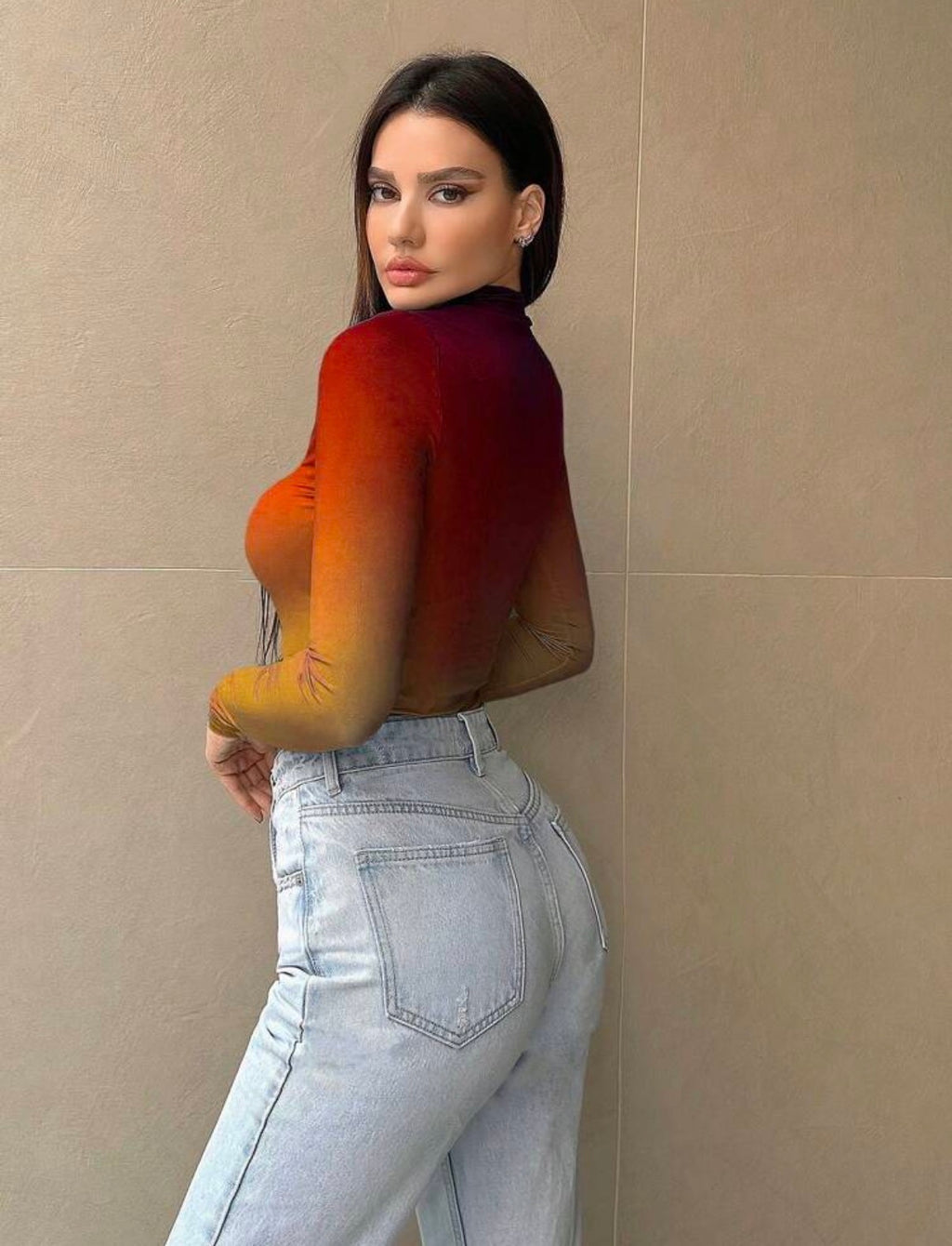 Orange-Sunset-Stand-Collar-Ombre-Bodysuit-side