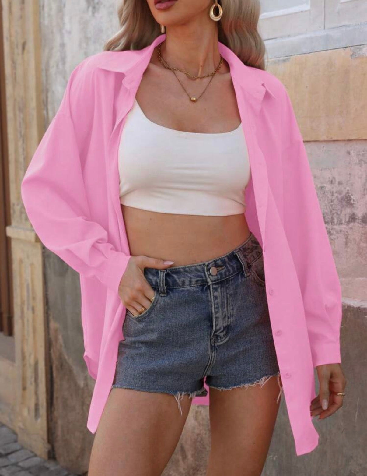 Pastel-Pink-Button-Up-Oversized-Blouse-front-detail