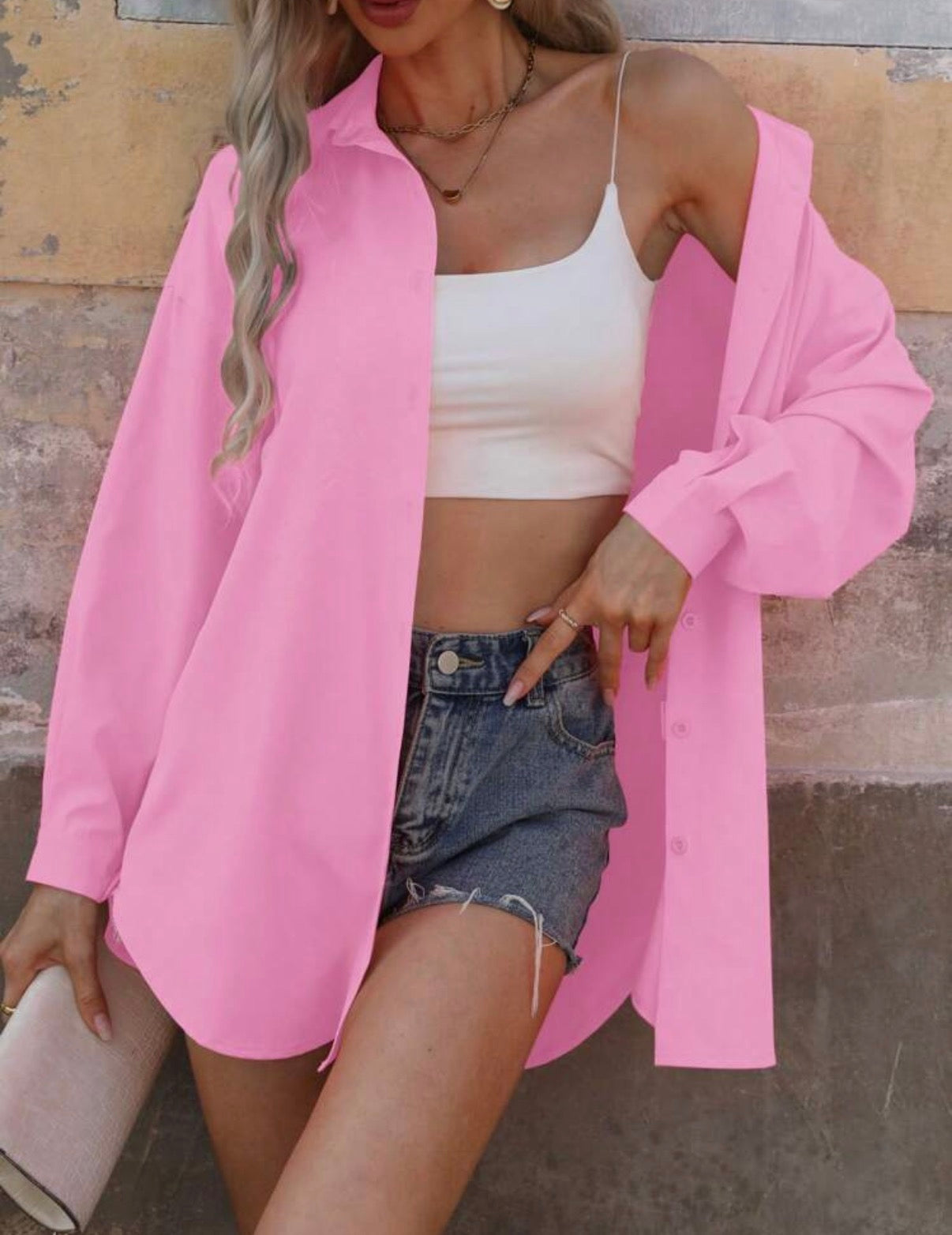 Pastel-Pink-Button-Up-Oversized-Blouse-front