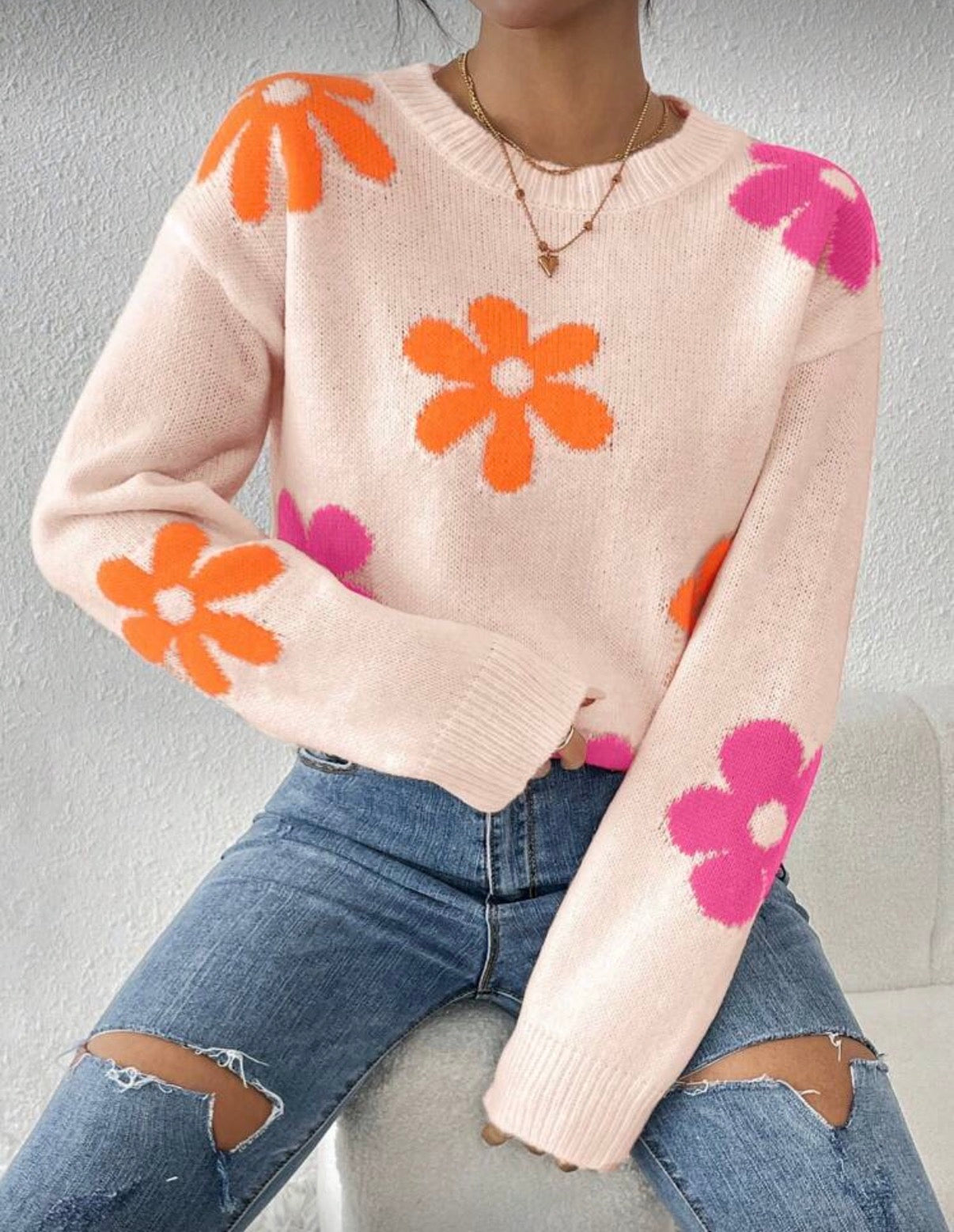 Pink-Orange-Ditsy-Floral-Drop-Shoulder-Knit-front-lifestyle
