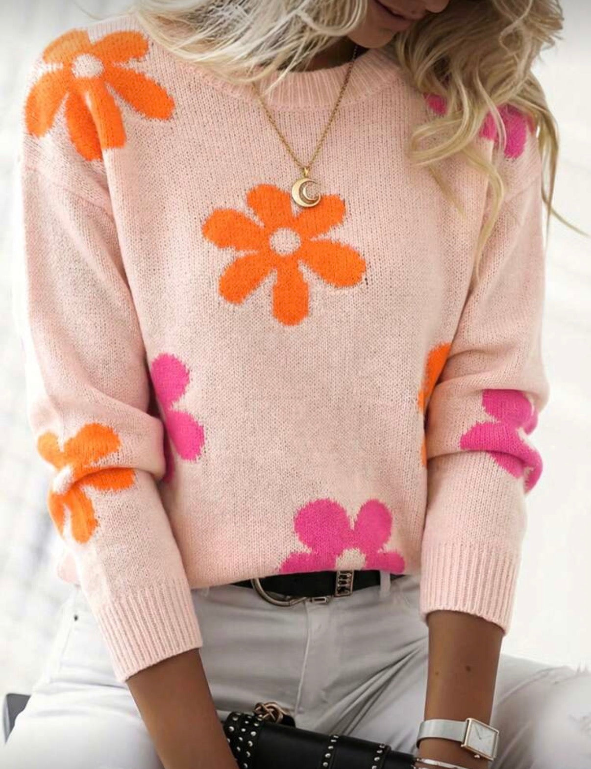 Pink-Orange-Ditsy-Floral-Drop-Shoulder-Knit-front