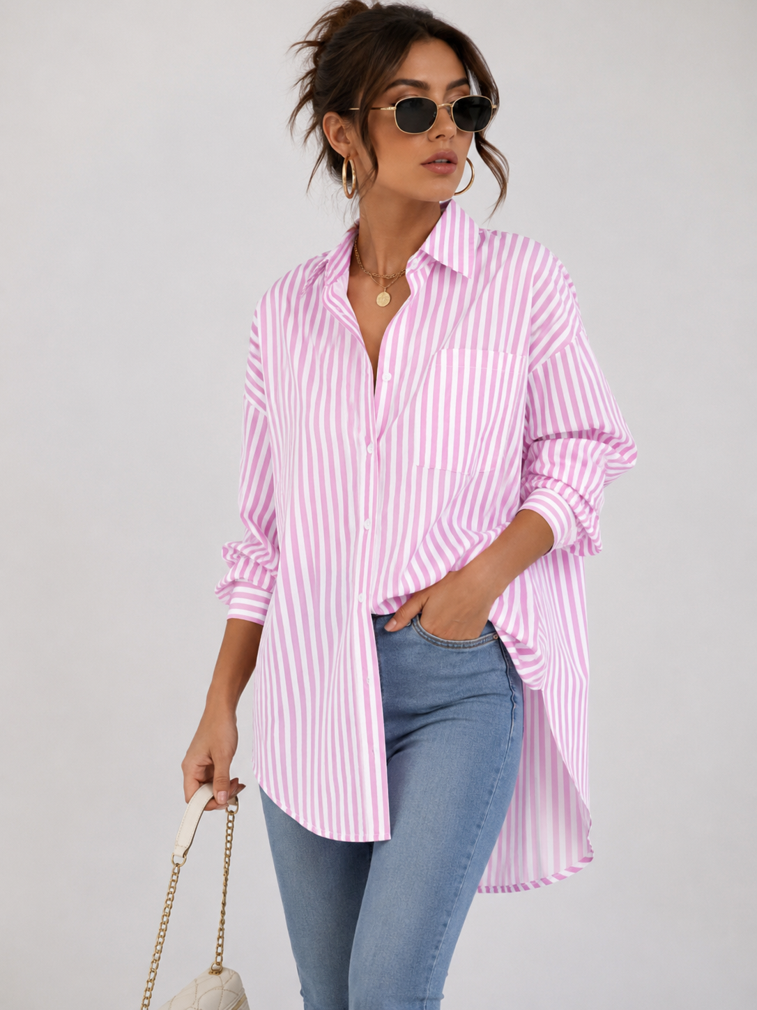 Thesqueen.com-Pink-White-Stripe-Statement-Shirt-front