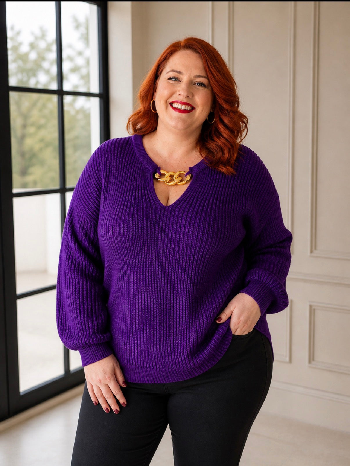 Purple-Keyhole-Ribbed-Knit-Jersey-Gold-Chunky-Chain-front